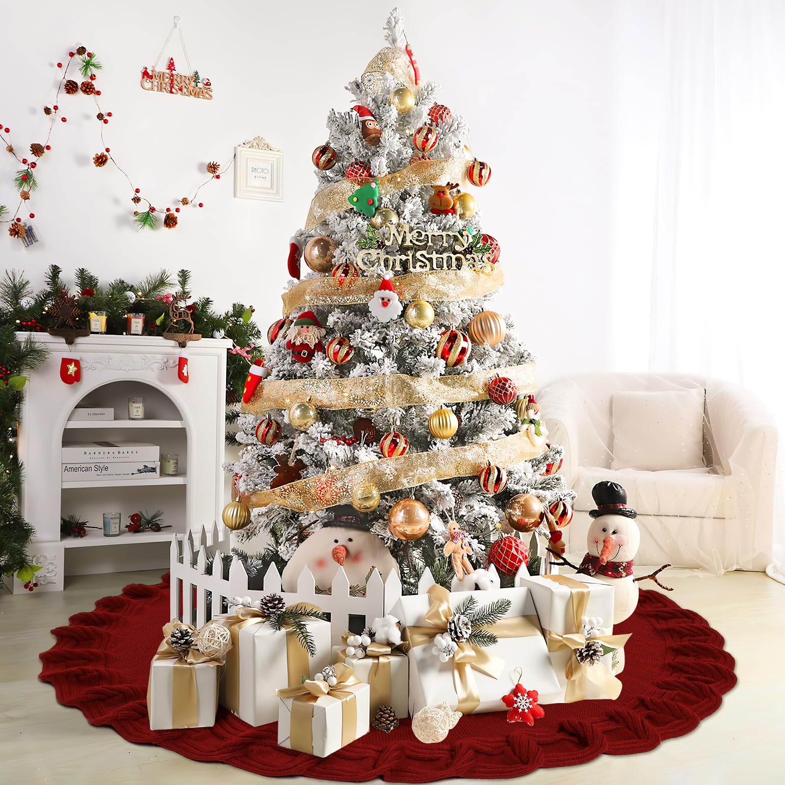 DEMIUKO Jupe de Sapin de Noël 48 inch 122cm Rouge Couvre-Pied Jupe Tricotée pour Sapin De Noël Tapis de l'arbre de Xmas Cache Pied Sapin de Noel pour Décorations de Noel Maison