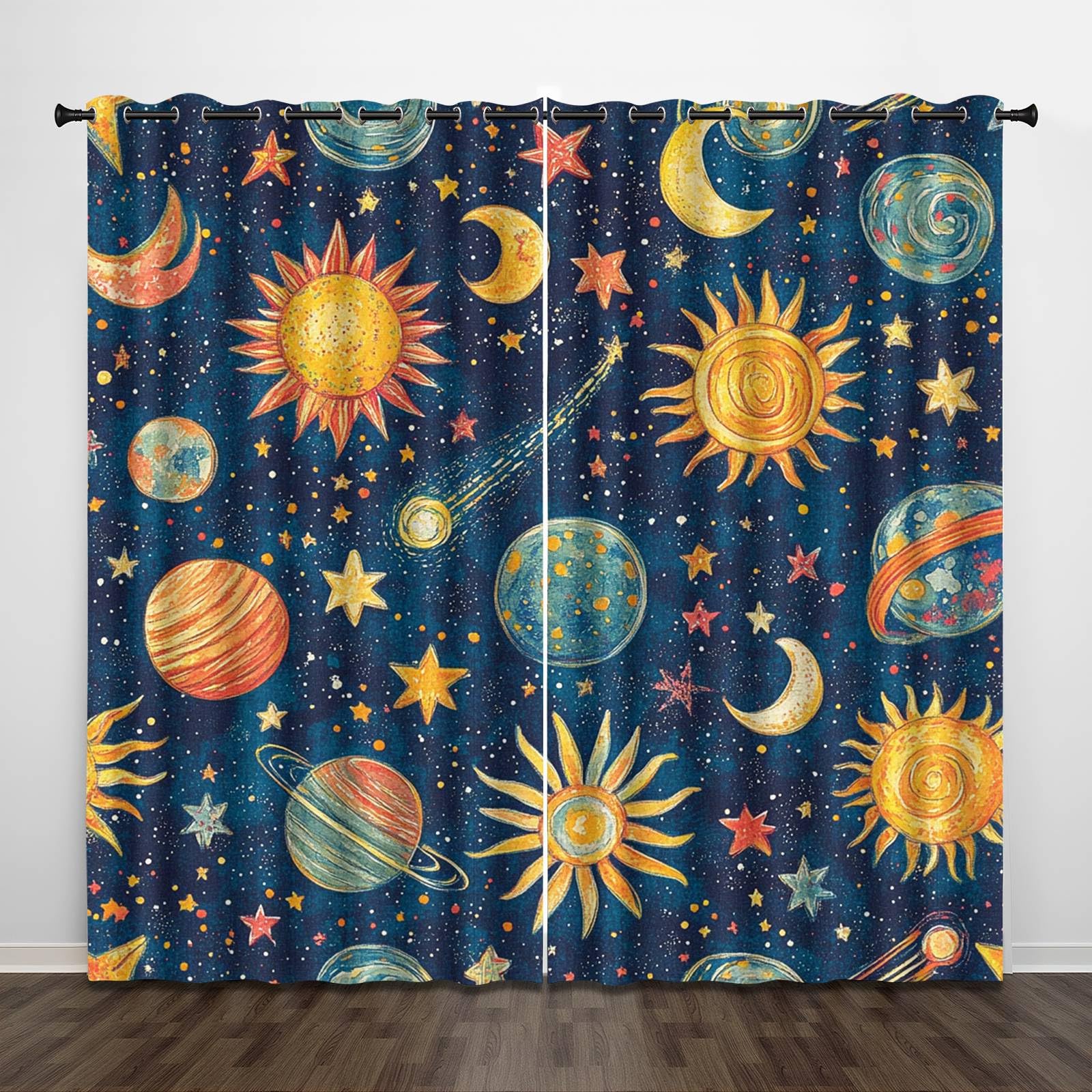 Cortinas Opacas 2 Piezas W140 x H160 cm 3D Cartoon Espacio Universo Planeta Patrón Opaco Termica Aislante Anti Luz Frío Curtain Blackout con Ojales para Dormitorio Sala Interior Ventana Decorar