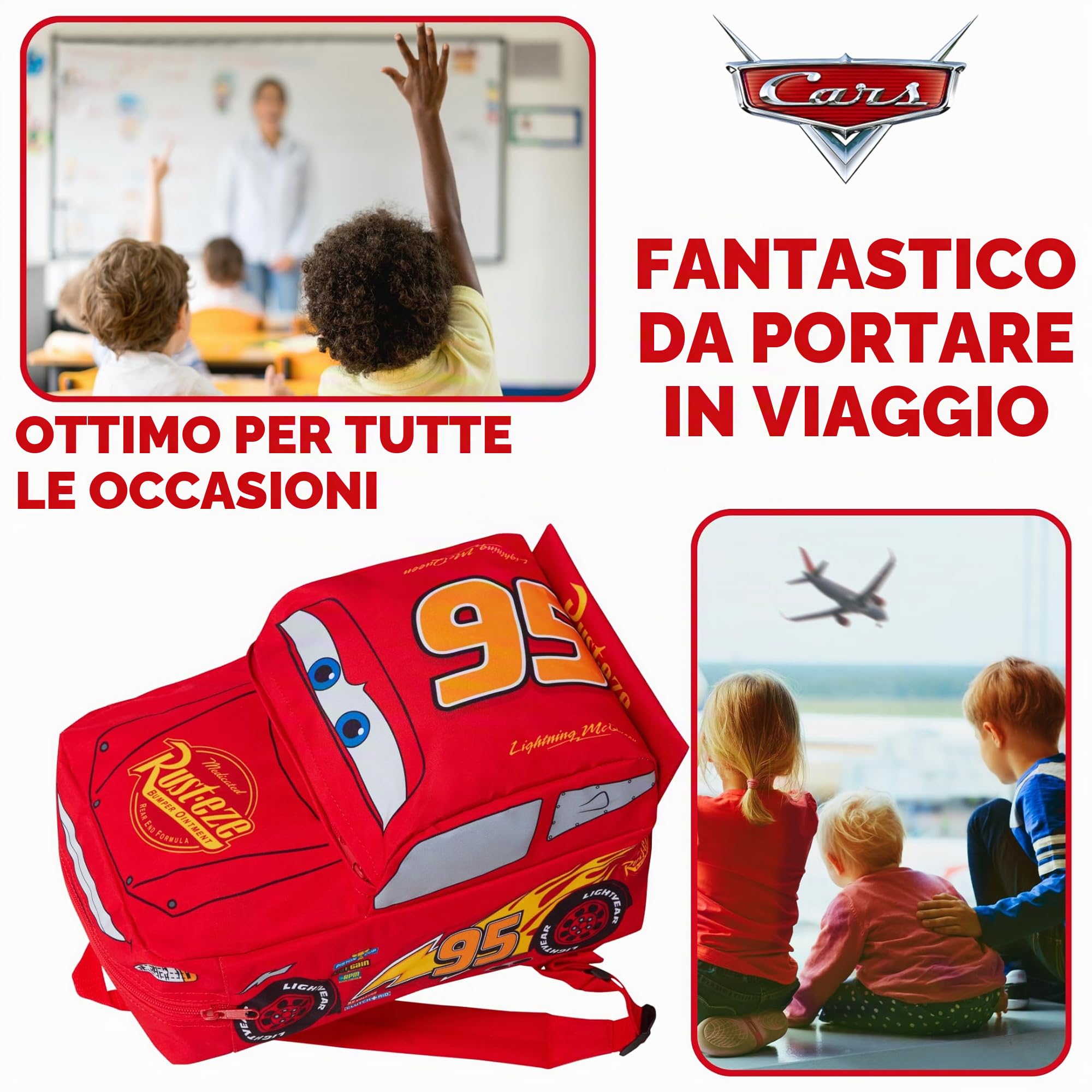 Zaino Disney Cars 3D Bambini Lightning McQueen Scuola Asilo Borsa per il pranzo Zaino Rosso 95