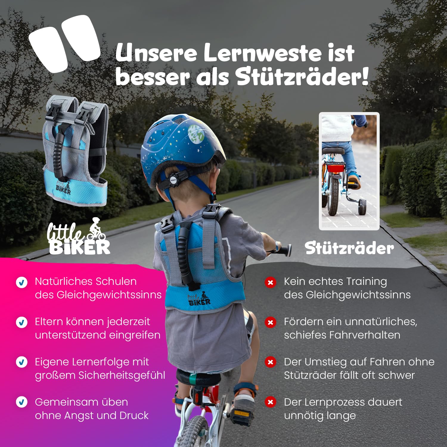 Fahrradlernweste | Fahrradlernweste Kinder mit Griff | Die bessere Alternative zu Stützrädern | Natürliches Schulen des Gleichgewichts | Für Kinderfahrräder ohne Stützräder