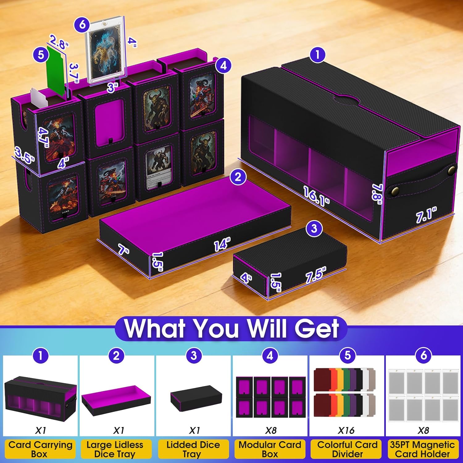 Cortile Commander Deck Box for MTG, 10 IN 1 Card Deck Box with 8-Deck Modular Card Case and 2 Dice Trays Holds 1040+ Double-sleeved Cards, Removable MTG Deck Box with Handle for TCG/EDH, Black Purple