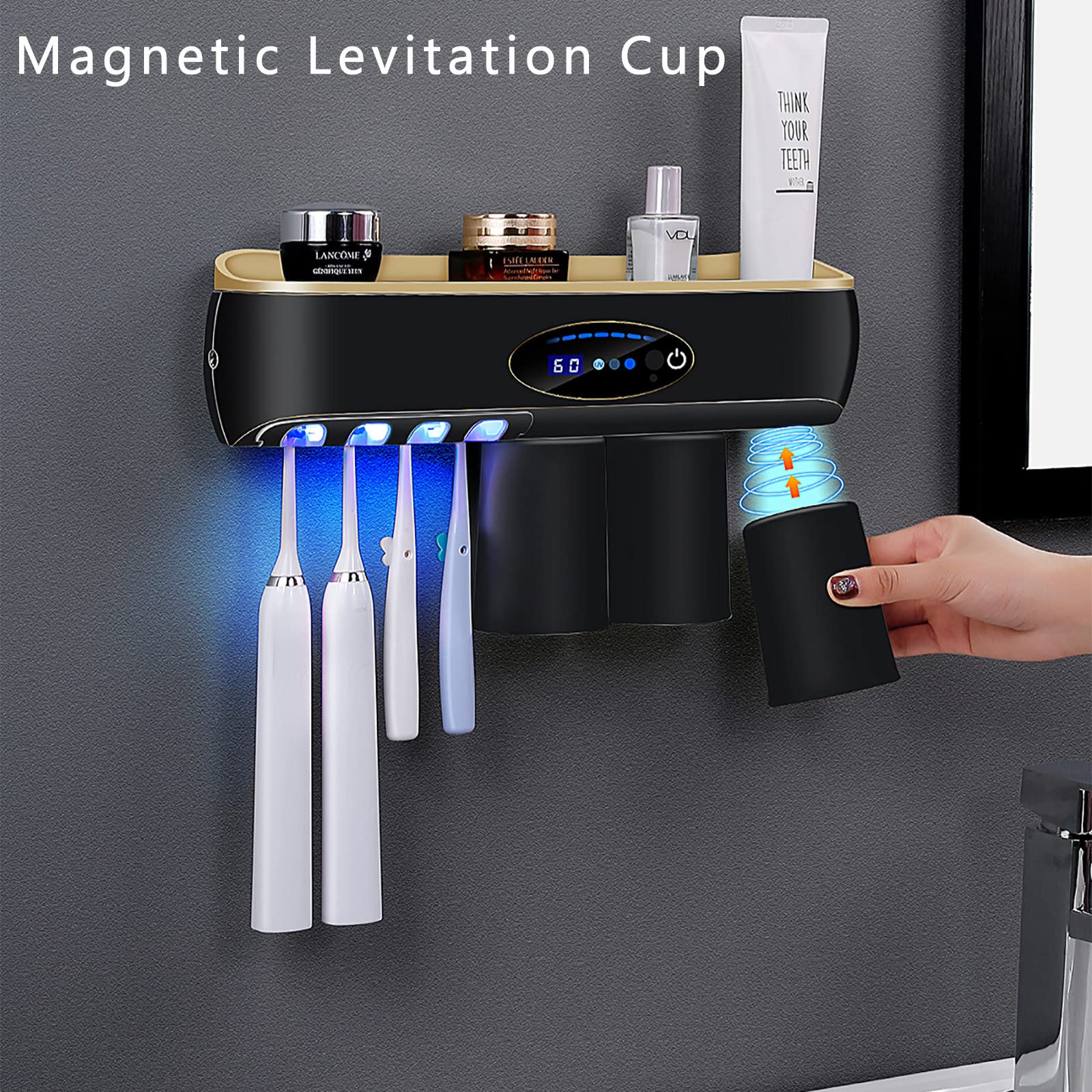 Porta Spazzolino Elettrico, Porta Spazzolino Parete, LED Porta Spazzolini Bagno con Luce Notturna, Accessori Bagno con Sterilizzatore per Funzione di Asciugatura Ricaricabile USB Nero