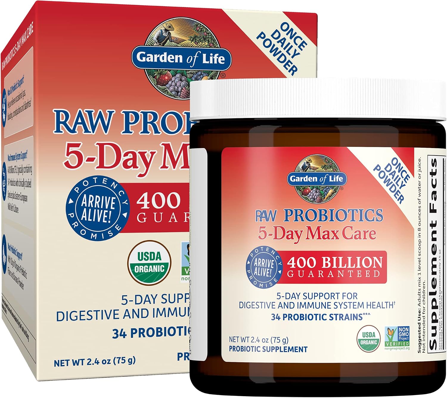 Garden of Life Organic Probiotic Powder for Women and Men - Raw Probiotics 5-Day Max Care 400 Billion CFU - Banana, High Bifido 5 Day Formula with Enzymes, Prebiotics for Digestive and Immune Health