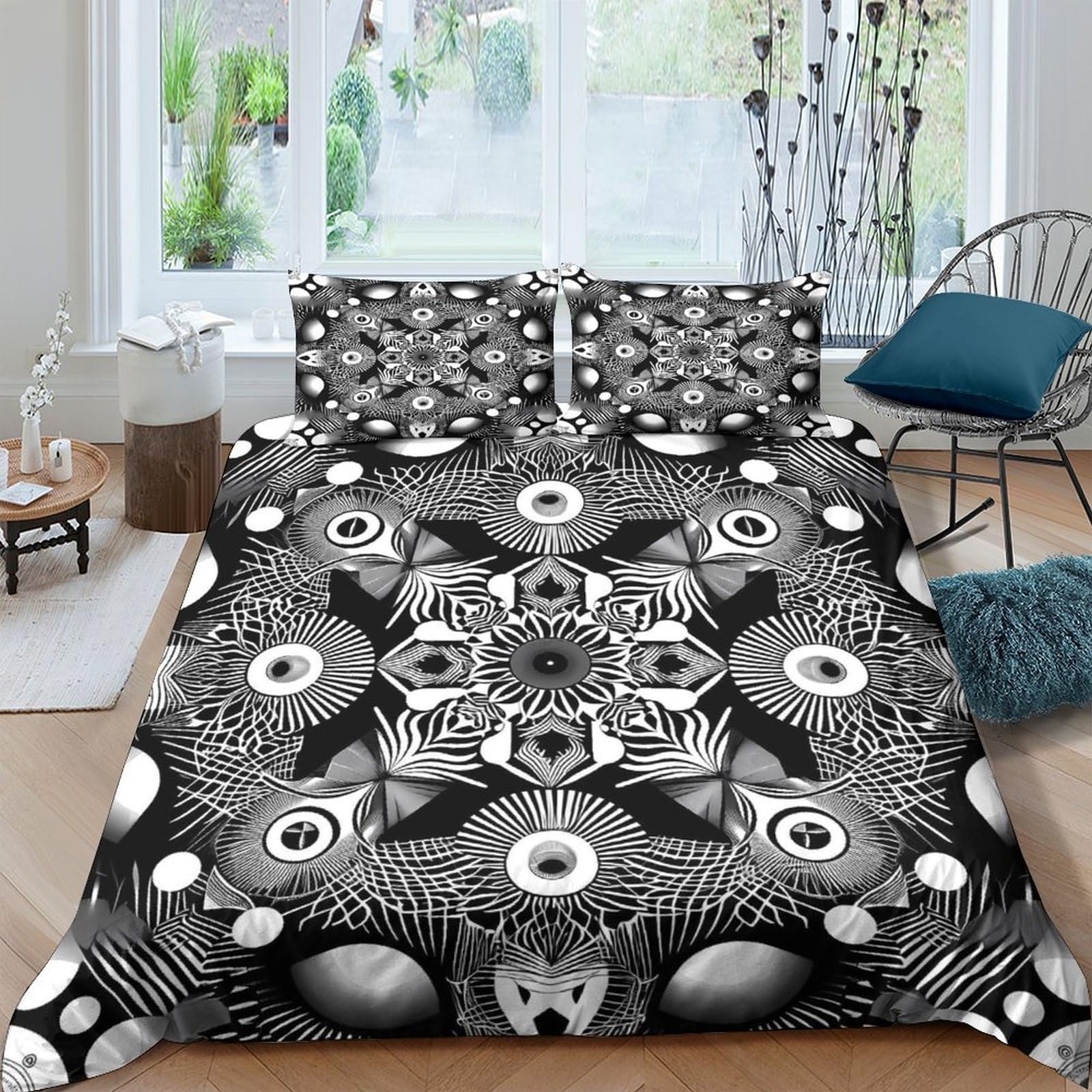 GPLZQXKJNH 3D Printed Abstract Geometric Duvet Cover Microfiber Black White Mandala Bedding Set with 2 Pillowcases for Bedroom Home Decor Single（135x200cm）