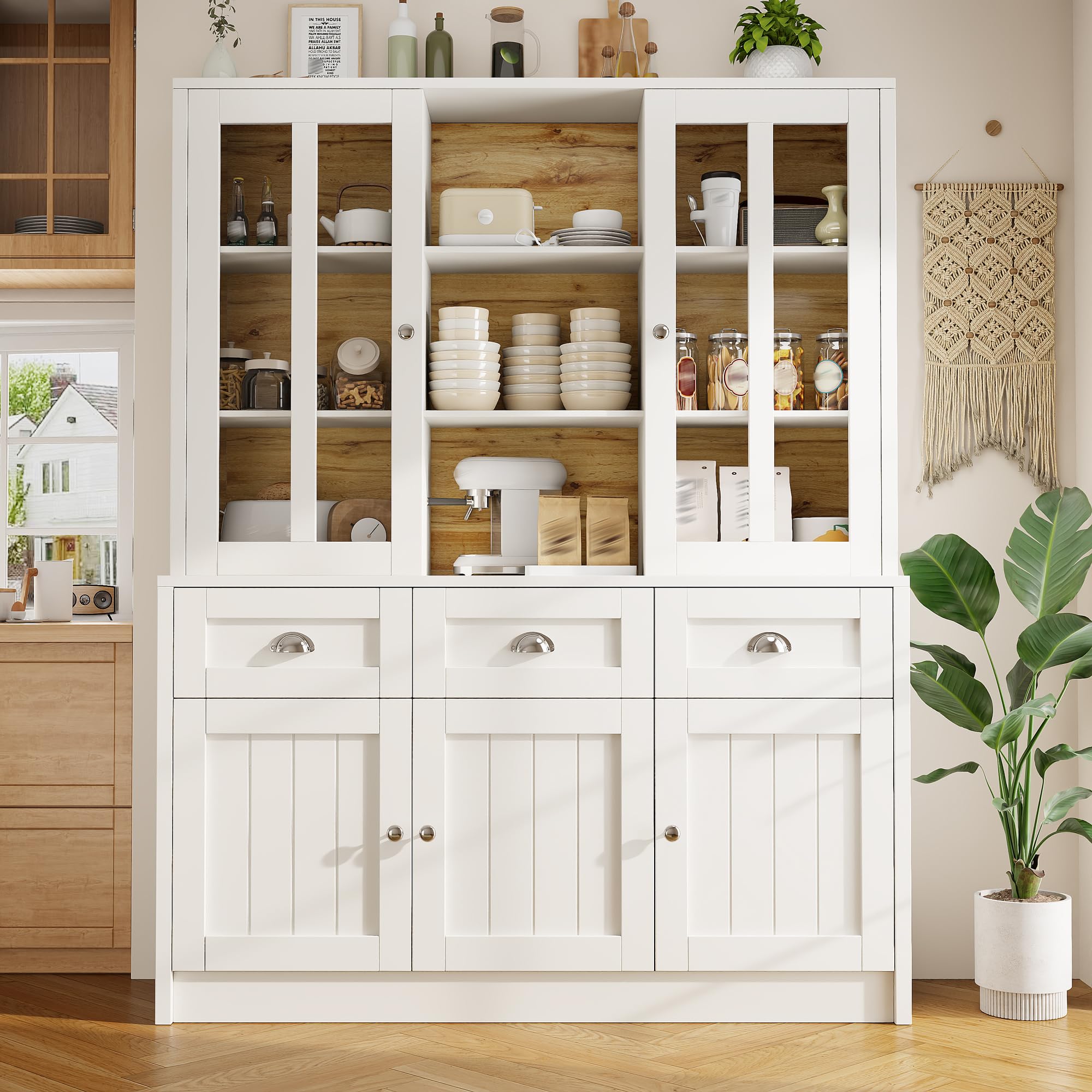 Buffet Cuisine Rangement 140 x 175 cm, Armoire de Cuisine Haute, Meuble de Cuisine avec Tiroirs, Vaisselier Moderne Minimaliste, Vitrine Autoportante pour Salon, Salle à Manger, Cuisine, Blanc