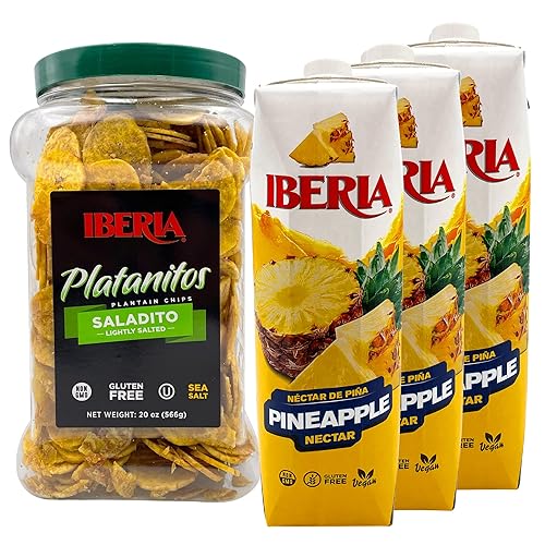 Iberia Chips de plátano ligeramente saladas, 20 onzas + néctar de piña iberia, 33.8 onzas líquidas, (paquete de 3)