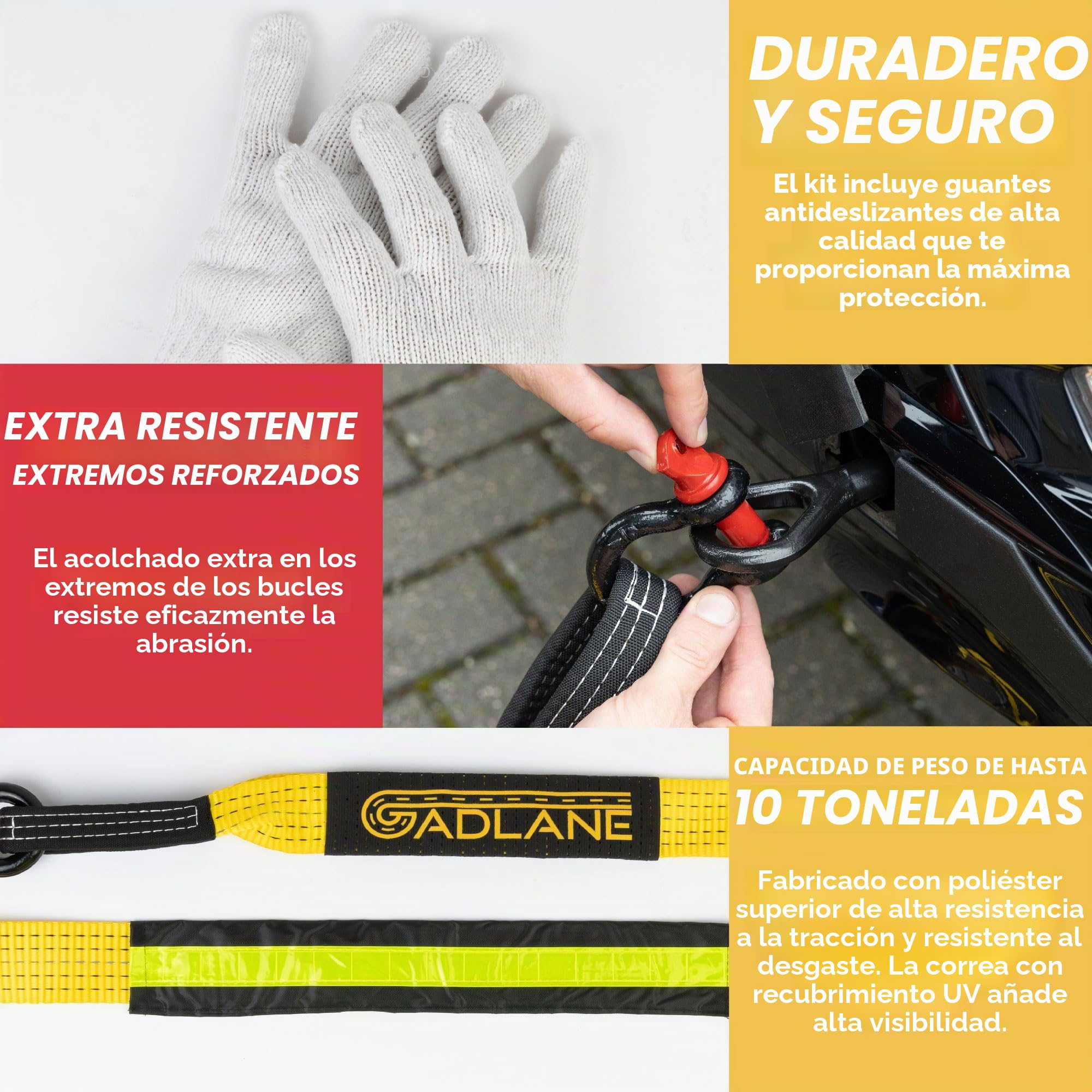 GADLANE Cuerda de remolque de alta visibilidad, 5 m, capacidad 10 toneladas, con bolsa y guantes, color: amarillo