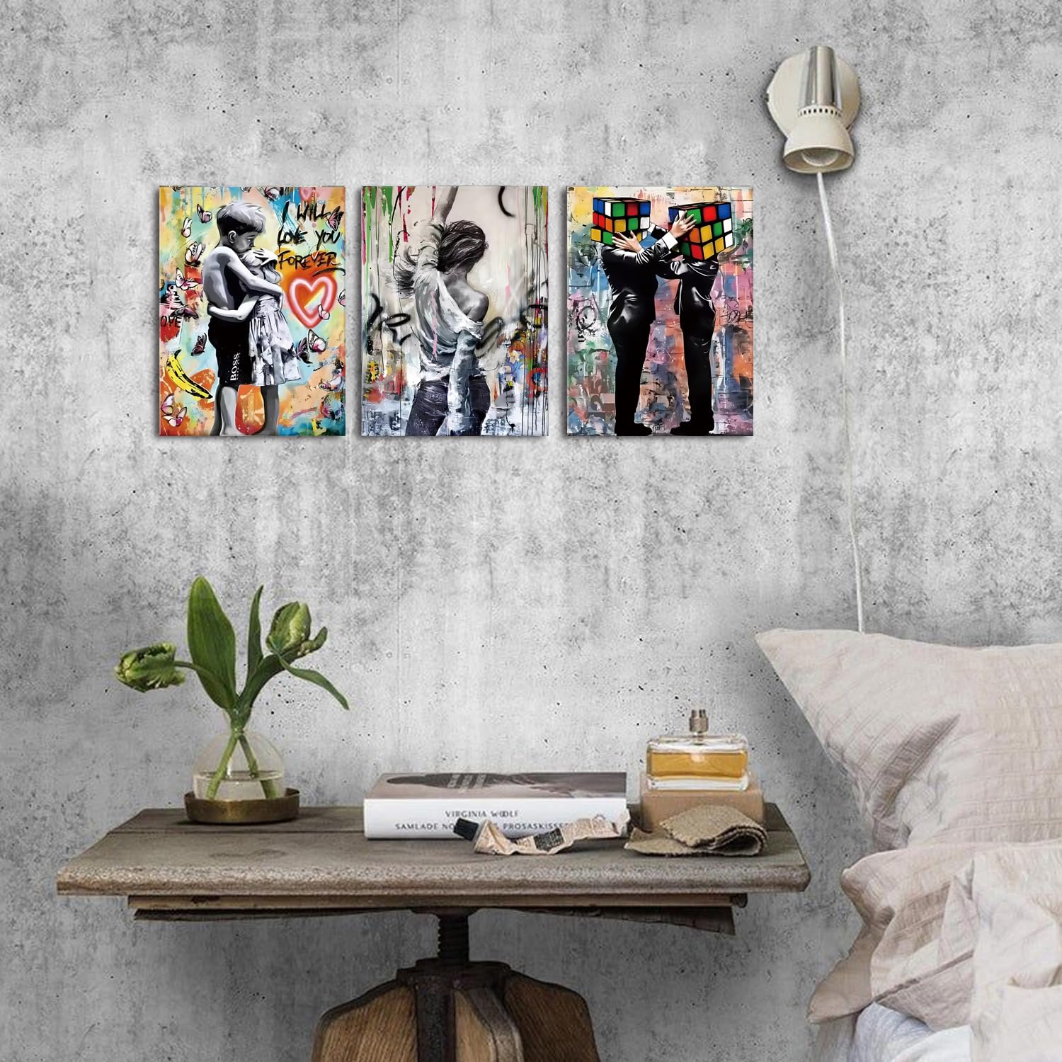 AIYISU Banksy Bilder Leinwand mit Rahmen, 30 x 40 cm 3 Teilig Banksy Poster Pop Art Bilder Moderne Bilder Wohnzimmer Abstrakte Gemälde Wandbild Schlafzimmer Flur - Fertig zum Aufhängen
