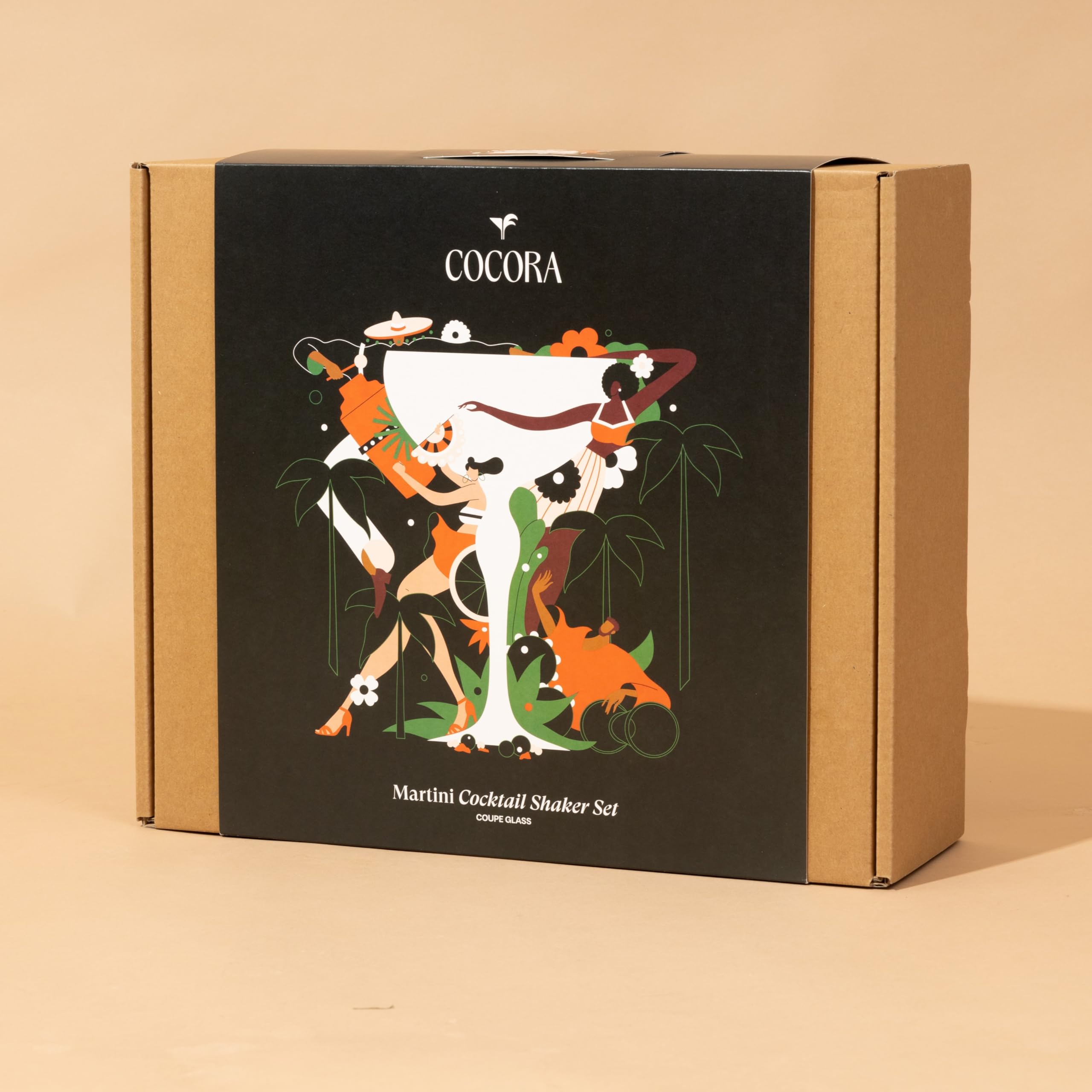 Cocora Set Martini | Set à Cocktail de 8 pièces | Shaker à Cocktail en Acier Inoxydable | Verres à Martini Coupés | Kit Barman | Livre de Cocktails (10+ Recettes) | Emballage Cadeau de Luxe (Argent)