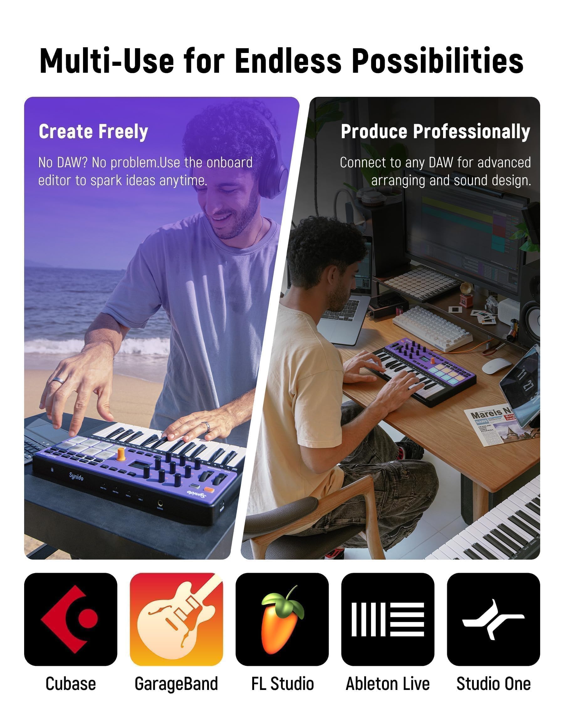 Synido TempoKEY W25 Clavier contrôleur MIDI USB C 25 touches Connexion sans fil rechargeable avec 8 pads RVB Velocity Écran OLED, MIDI In/Out/Thru, Clavier MIDI professionnel pour production musicale