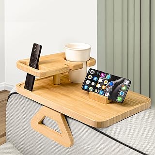 Bamboo Couch Arm Tray Table, Double Layer Sofa Clip on Tray Table with Cup Holder and Phone Holder, Sofa Armrest Tray for Eating Drinks Snacks