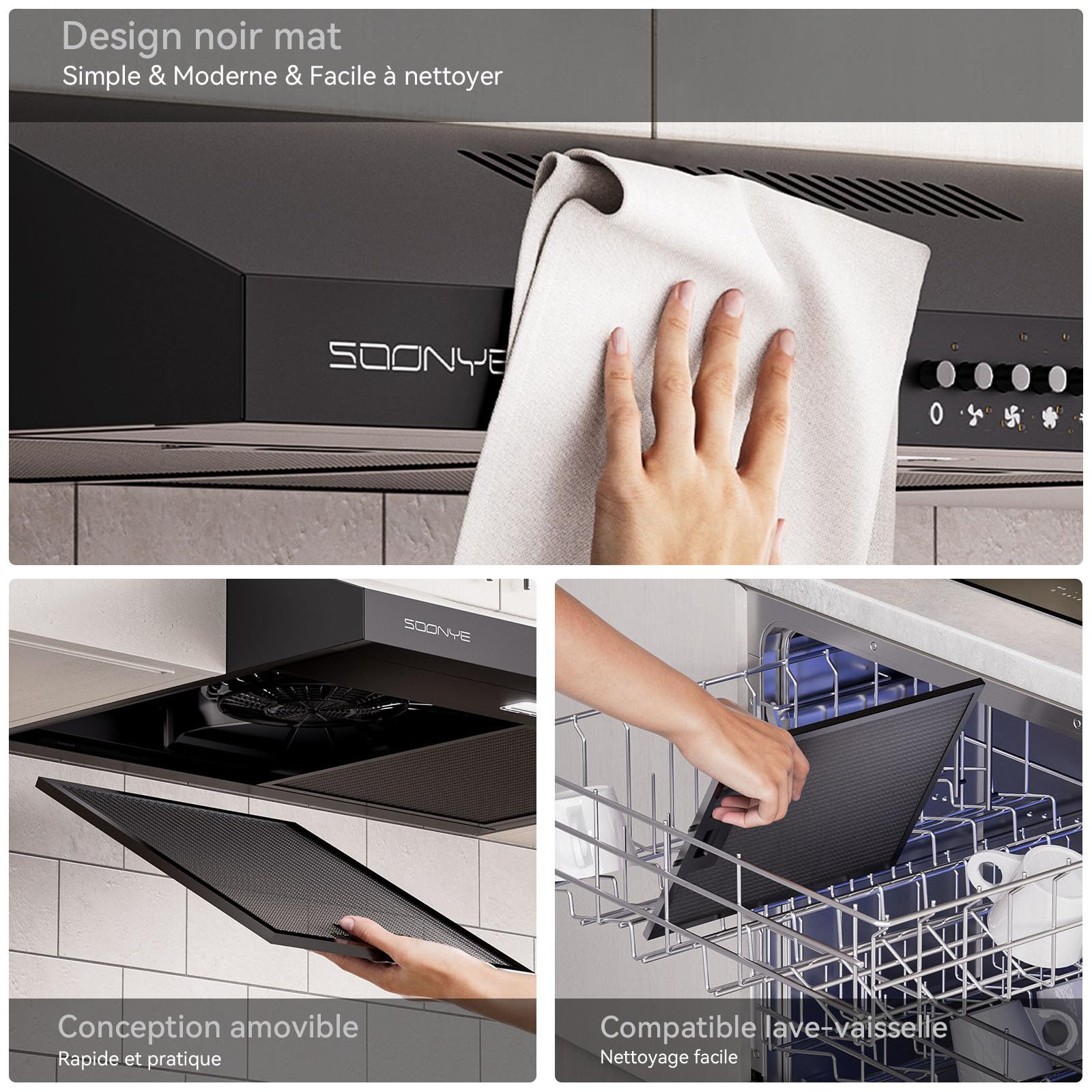 Hotte Aspirante 60cm Classe A+++ 220 m³/h Cuisine Noir