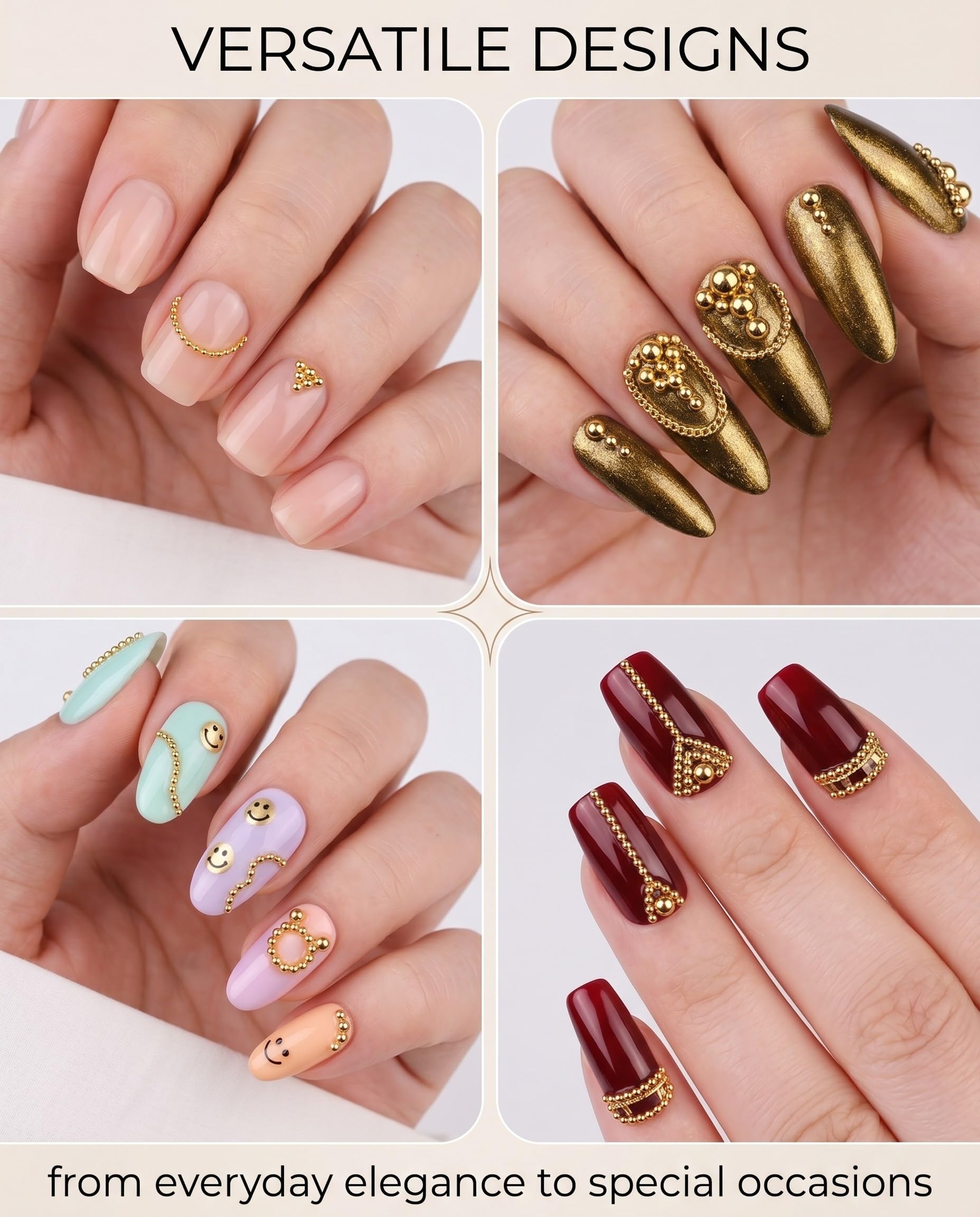 1 Boîte Perles Acier Doré pour Ongles, Coffret 12 Compartiments (0.6-2.0mm) + Chaînes Or, Assortiment Multi-Tailles pour Nail Art 3D DIY & Pro