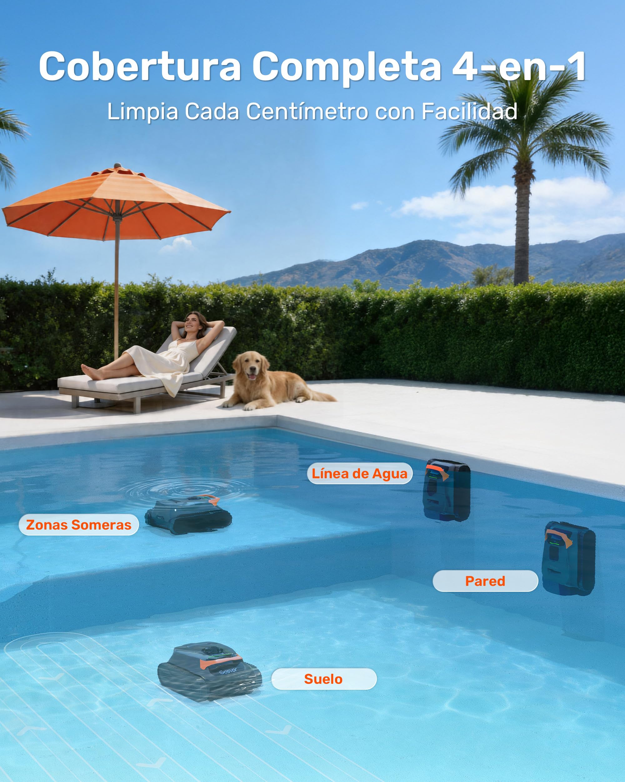 Gosvor (Nuovo 2026 Robot Piscina Limpiafondos y Paredes, Doble Filtración, Planificación Inteligente Rutas, 5 Modos, Control App, 200Min Autonomía, Línea Agua y Zona Poco Profunda,Gris Naranja