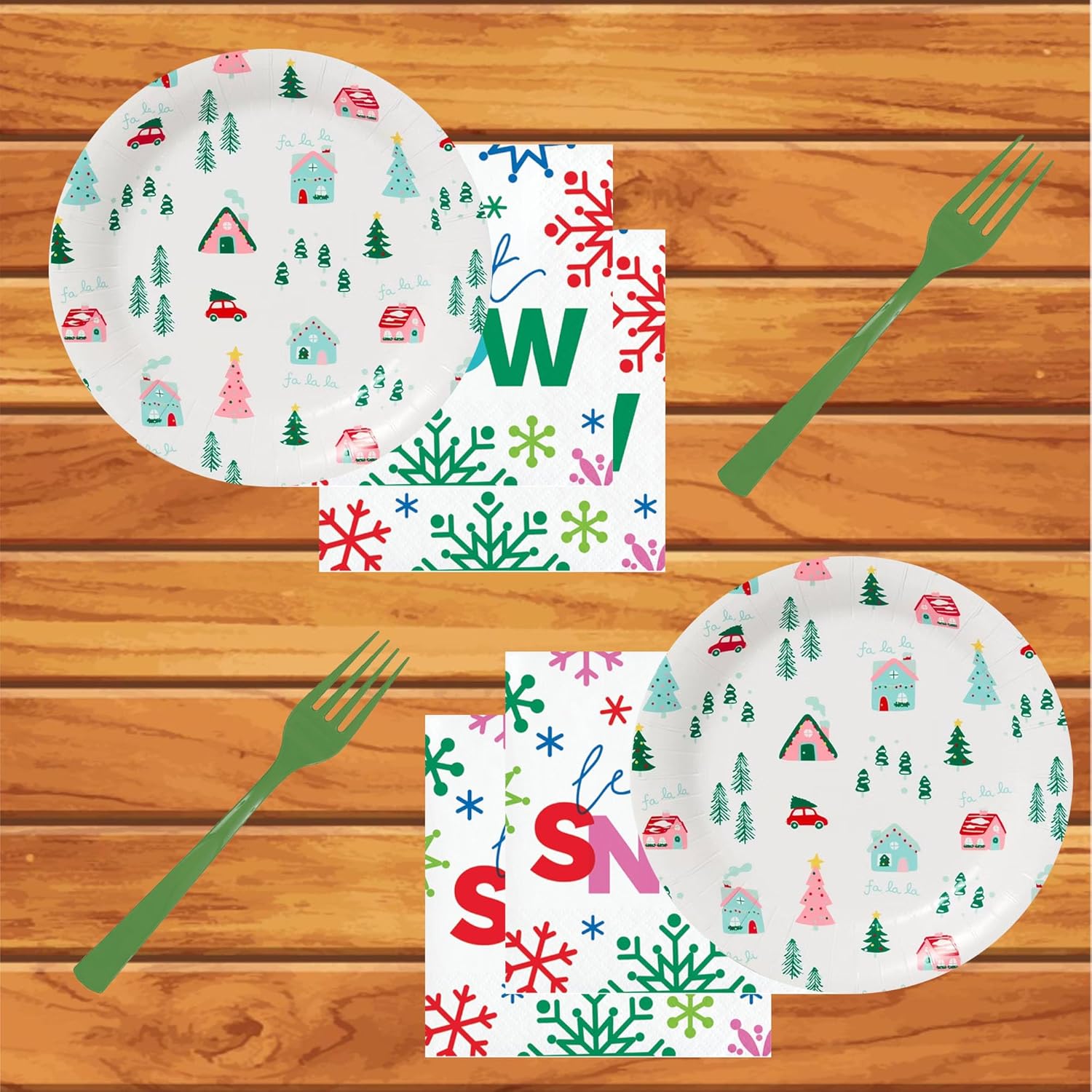 Holiday Party Supplies - Winter Christmas Village Paper Dinner Plates, Napkins, and Forks (Serves 16)