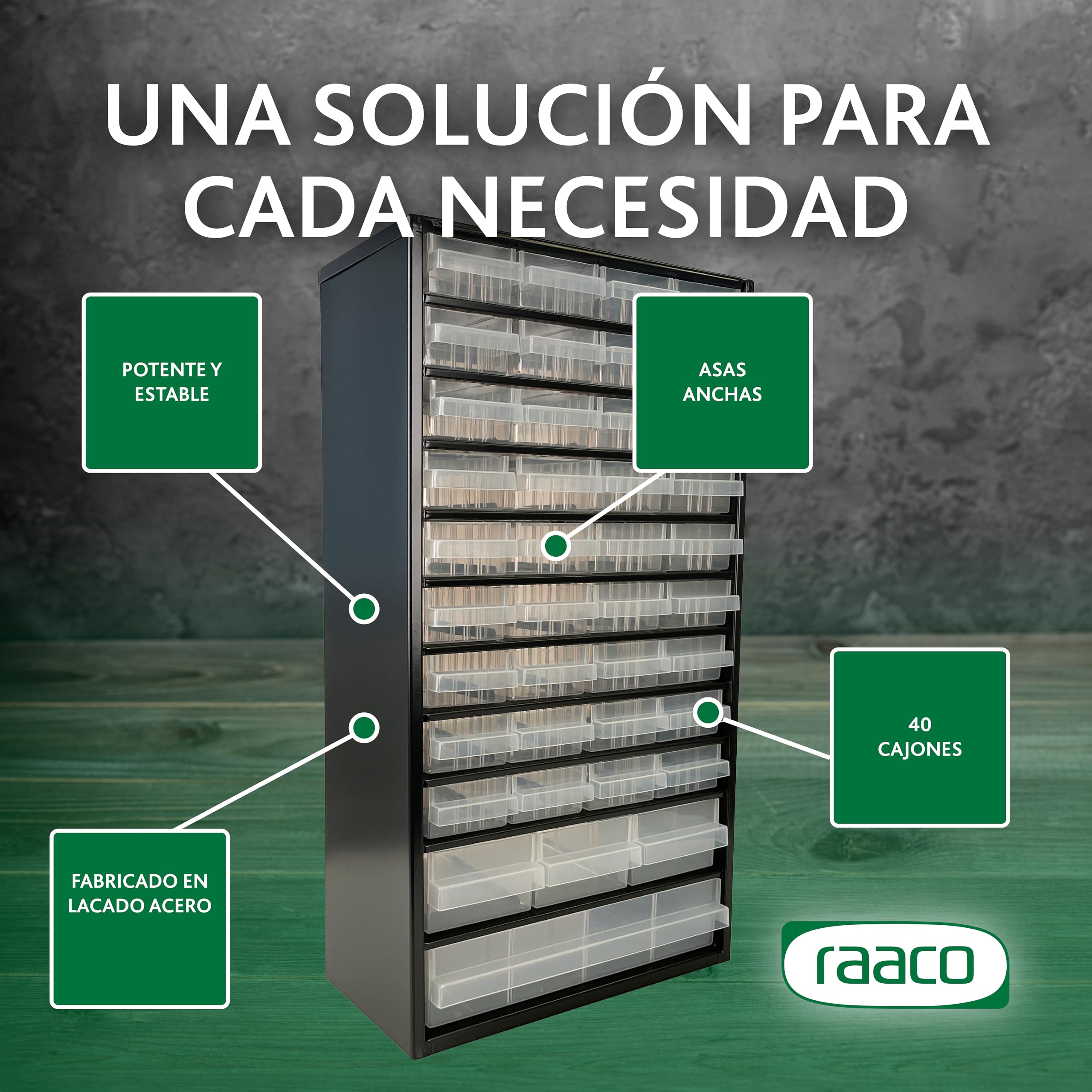 Raaco C12-40, Organizador de Tornillos con 40 Cajones, Capacidad 36 kg, 15 x 30,6 x 55,2 cm, Acero Recubierto, Apto para Montaje en Pared, Clasificador de Tornillos y Pequeñas Piezas para Taller