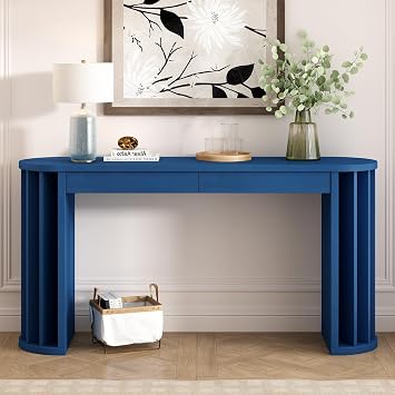 59-inch Long Console Table, Oak Veneer Sofa Table, Curved and Straight Line Design, Farmhouse Entryway Table for Hallway, Living Room Navy Blue/SS