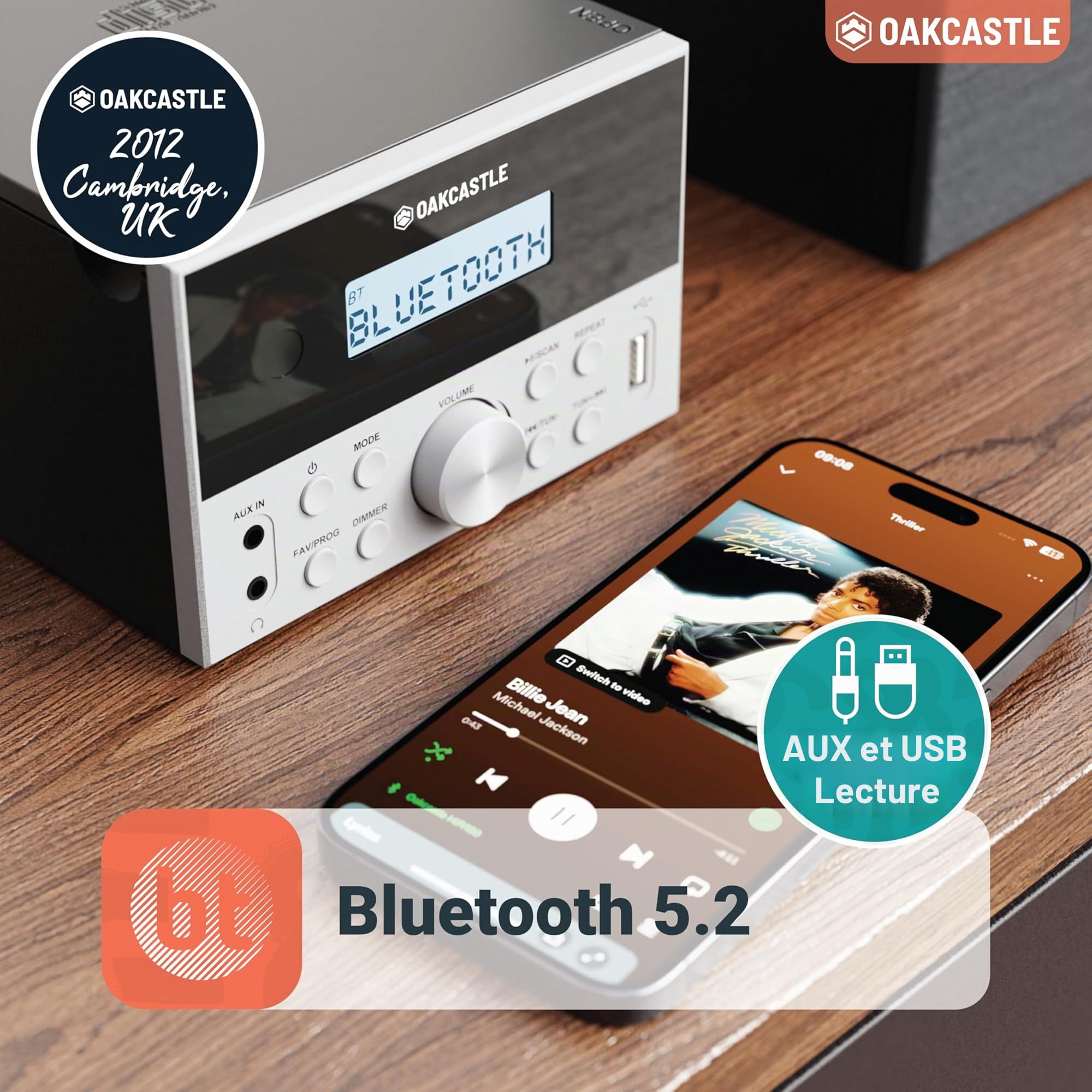 Lecteur CD Bluetooth 5.2 avec haut-parleurs | Puissant chaine HiFi compact de 20W | Radio FM, 30 préréglages, télécommande incluse | USB, AUX, lit les MP3, les CD, les CD-R | Oakcastle HIFI150