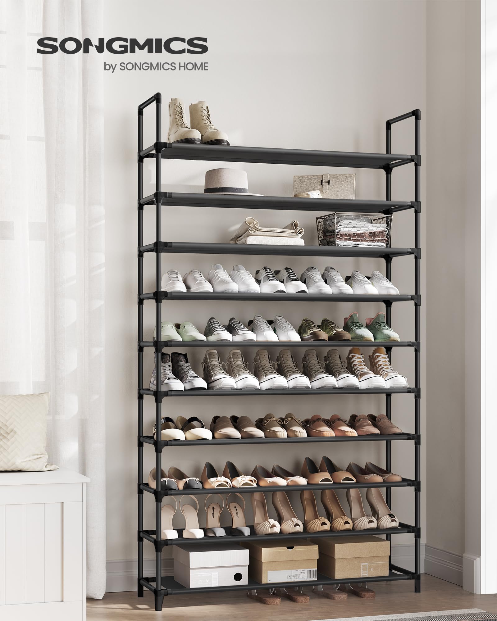 SONGMICS Zapatero, estante para zapatos de 10 niveles, organizador de | Marco de metal, estantes de tela no tejida, 11 x 37 x 68.9 pulgadas, para entrada, dormitorio, tinta negra ULSH11H