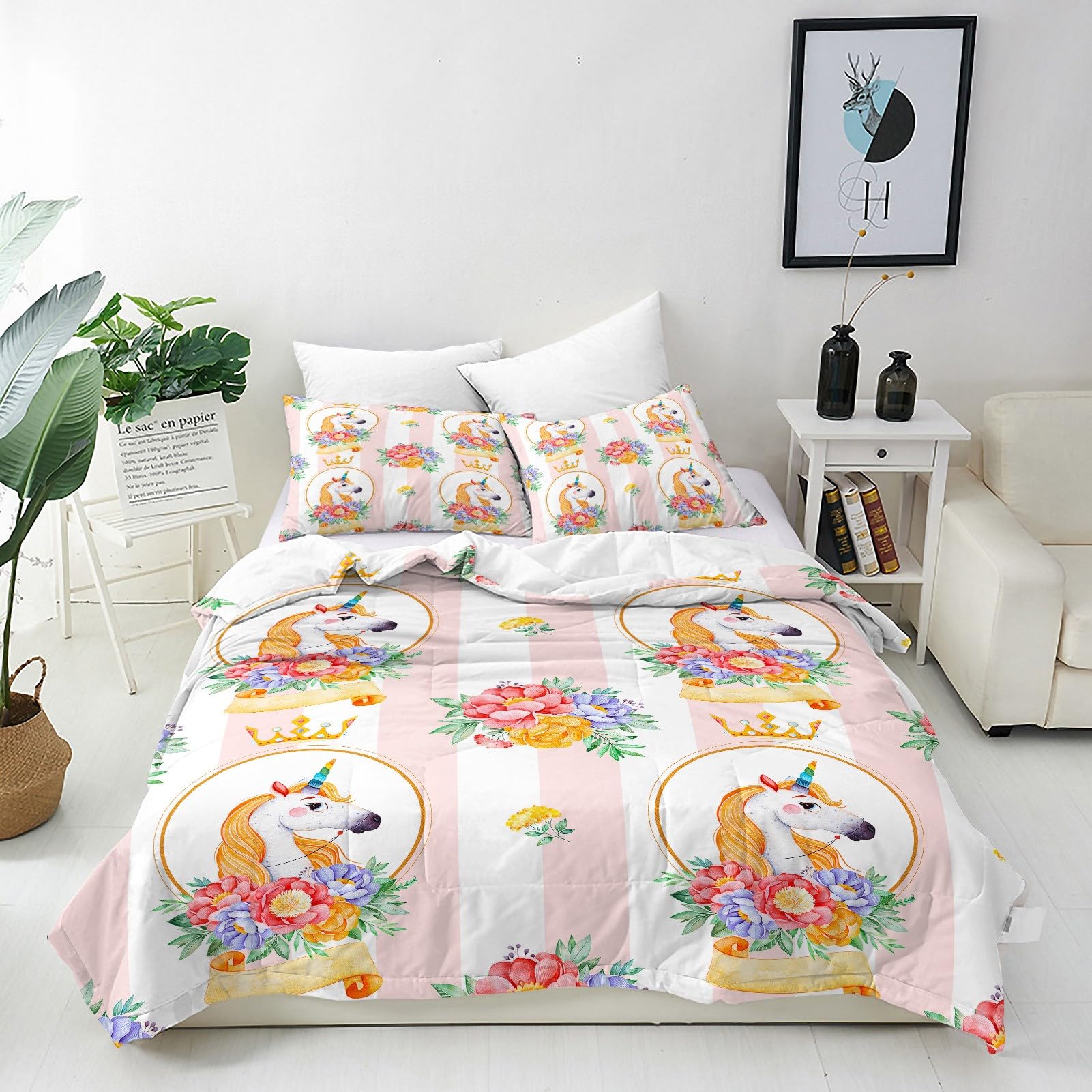 ANHOPE Unicorn Duvet Cover Set 3 Piece Bedding Set with 2 Pillowcases Crown Princess Flower 3D Printed Pattern Soft Breathable Microfibre Quilt Cover with Zipper Closure King