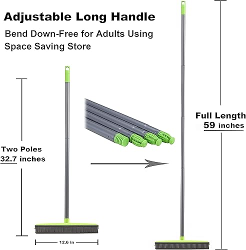 Miniatura 2 de LandHope Escoba de empuje de mango largo, cerdas de goma, escoba barredora con borde de 59 pulgadas, no raya, escoba para mascotas, gatos, perros,