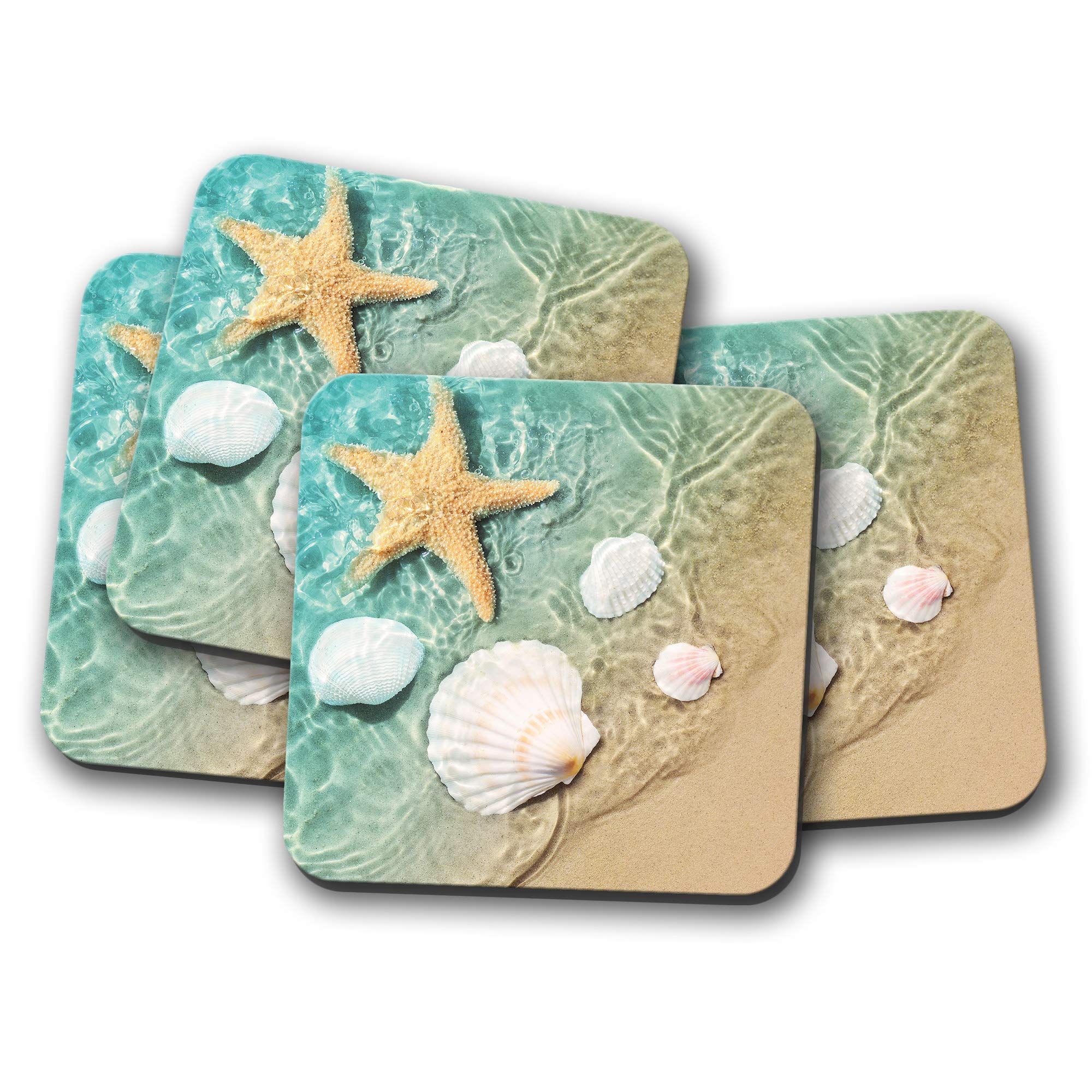 Destination Vinyl Ltd Multicolor 4 Set - Beach Shells Coaster - Shell Star Fish Ocean Sea Seaside Sun #16972