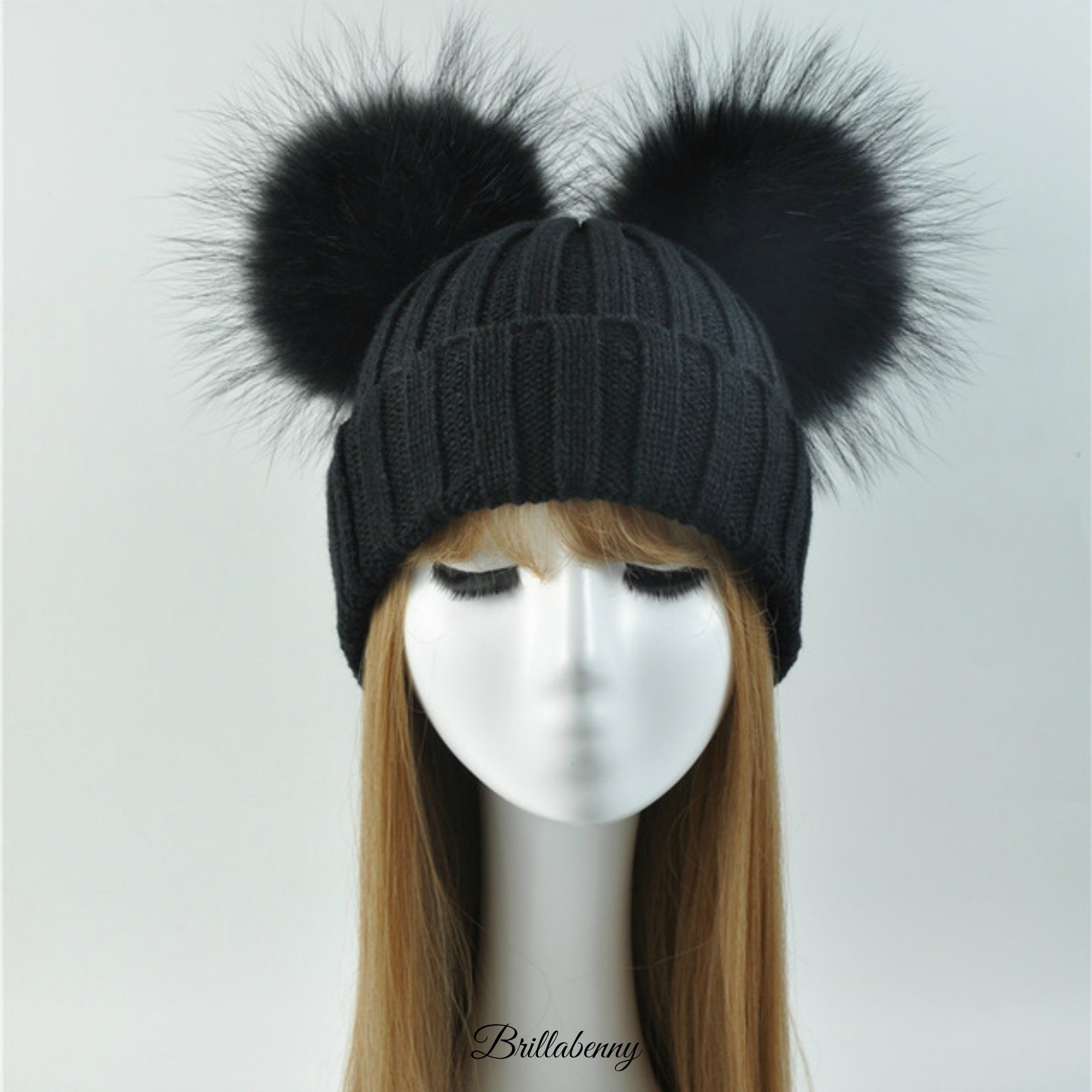 Cappello Bambina Pelliccia Doppio PON PON Nero Cappellino Cuffia Baby Luxury 2-4 Anni