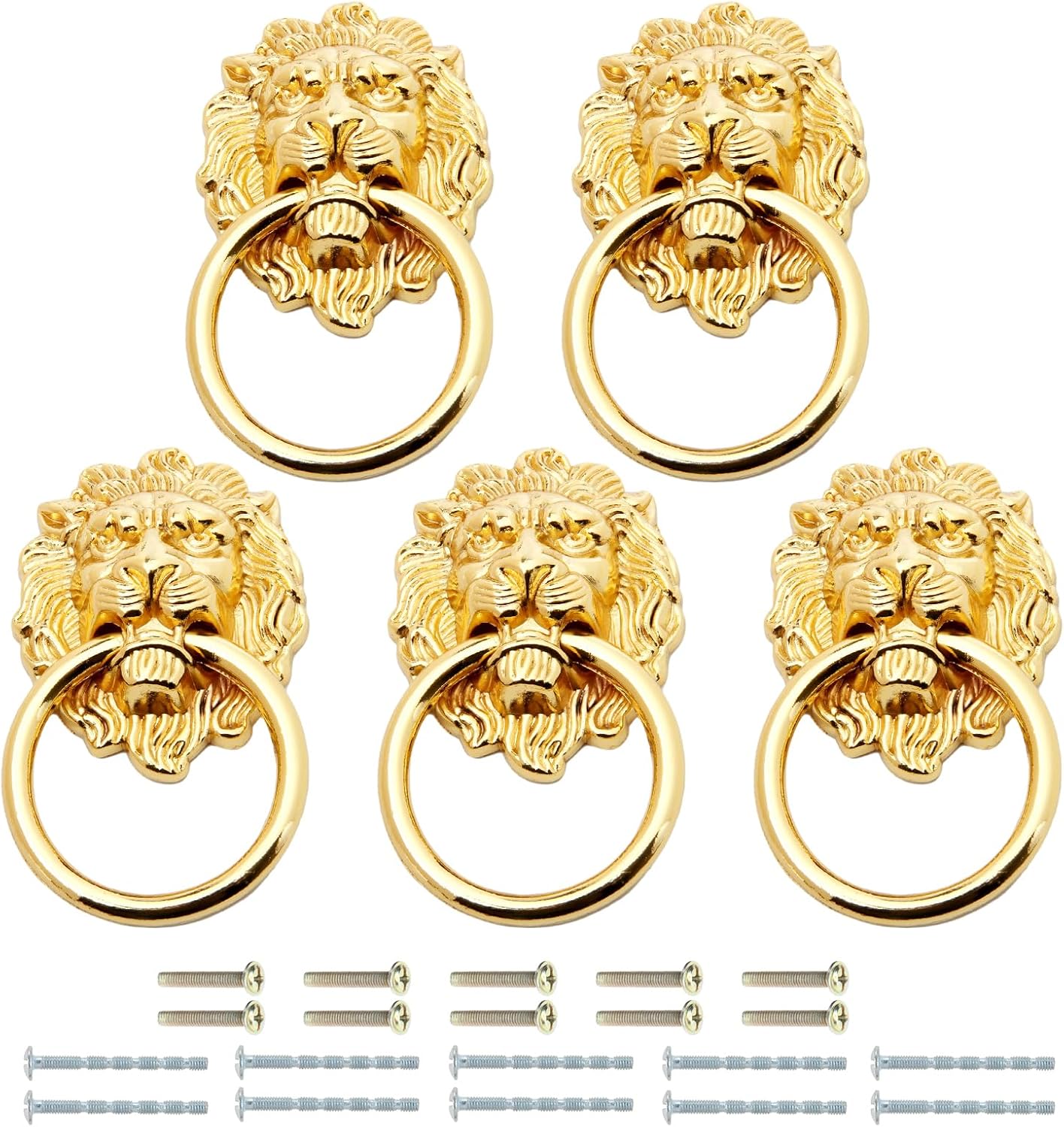 Mgoodoo 5pcs Drawer Lion Head Pull Handle Knob Dresser Cabinet Pull Ring 1.97x3.54inch Classical Antique Style Zinc Alloy Handle (Large|Gold)