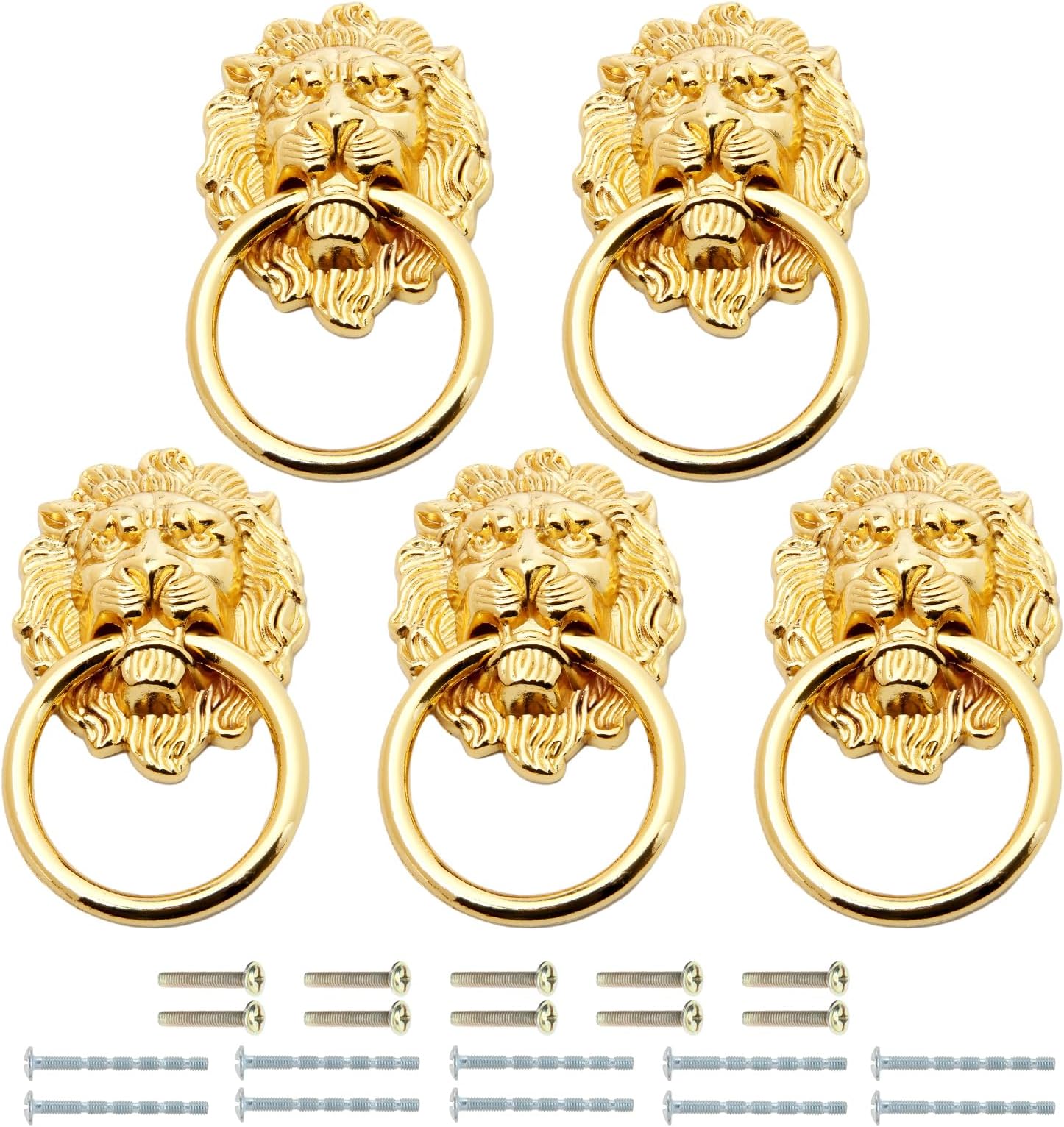 Mgoodoo 5pcs Drawer Lion Head Pull Handle Knob Dresser Cabinet Pull Ring 1.97x3.54inch Classical Antique Style Zinc Alloy Handle (Large|Gold)