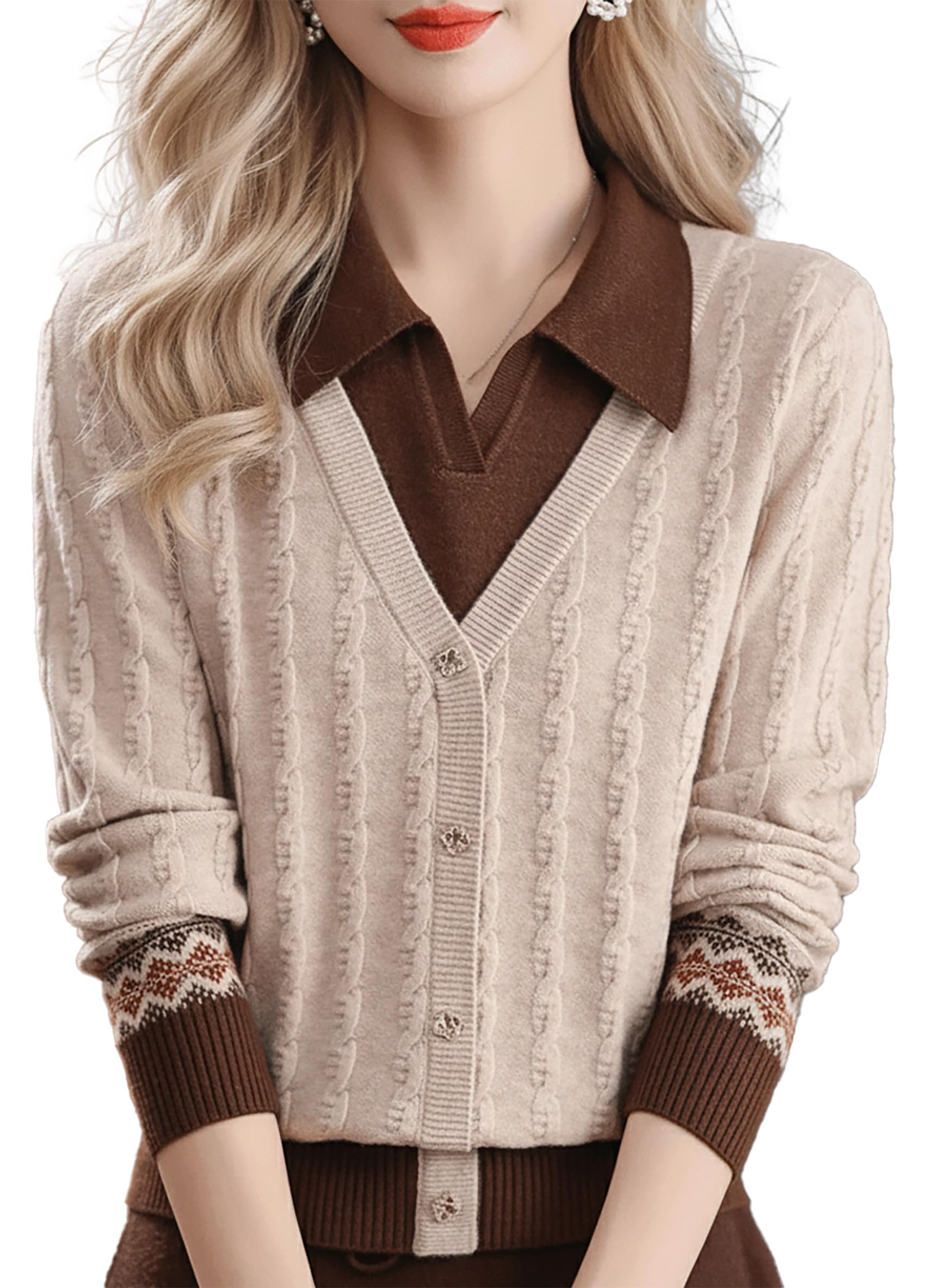LAI MENG FIVE CATS Womens Fall Sweaters Tops Lapel V Neck Ribbed Knit Color Block Soft Pullover Shirt