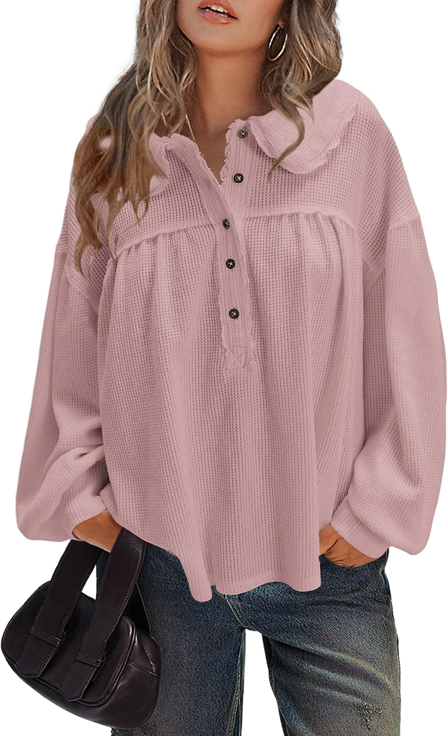 Nirovien Womens Babydoll Tops Oversized Waffle Knit Sweater Long Sleeve Henley Shirts Pullover Blouses