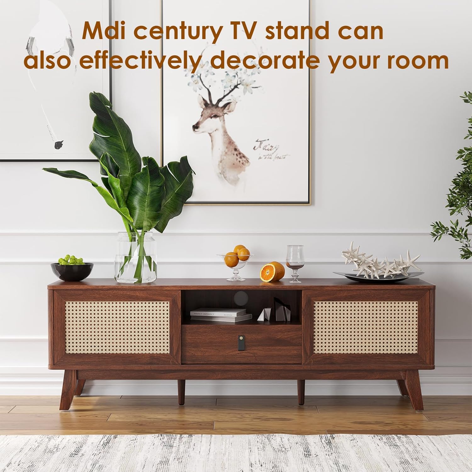 Soohow Rattan TV Stand for TVs, Wood TV Stand Mid Century Modern TV Stand TV Media Console with Drawer and 2 Cabinets, Boho Entertainment Center for Living Room - Image 7