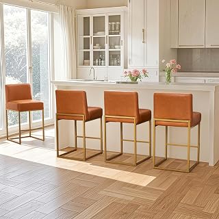 Counter Height Bar Stools Set of 4-26 Camel PU Leather Stools with Golden Legs, Modern Farmhouse Kitchen Island Seating, Industrial Bar Chairs for Breakfast Nook
