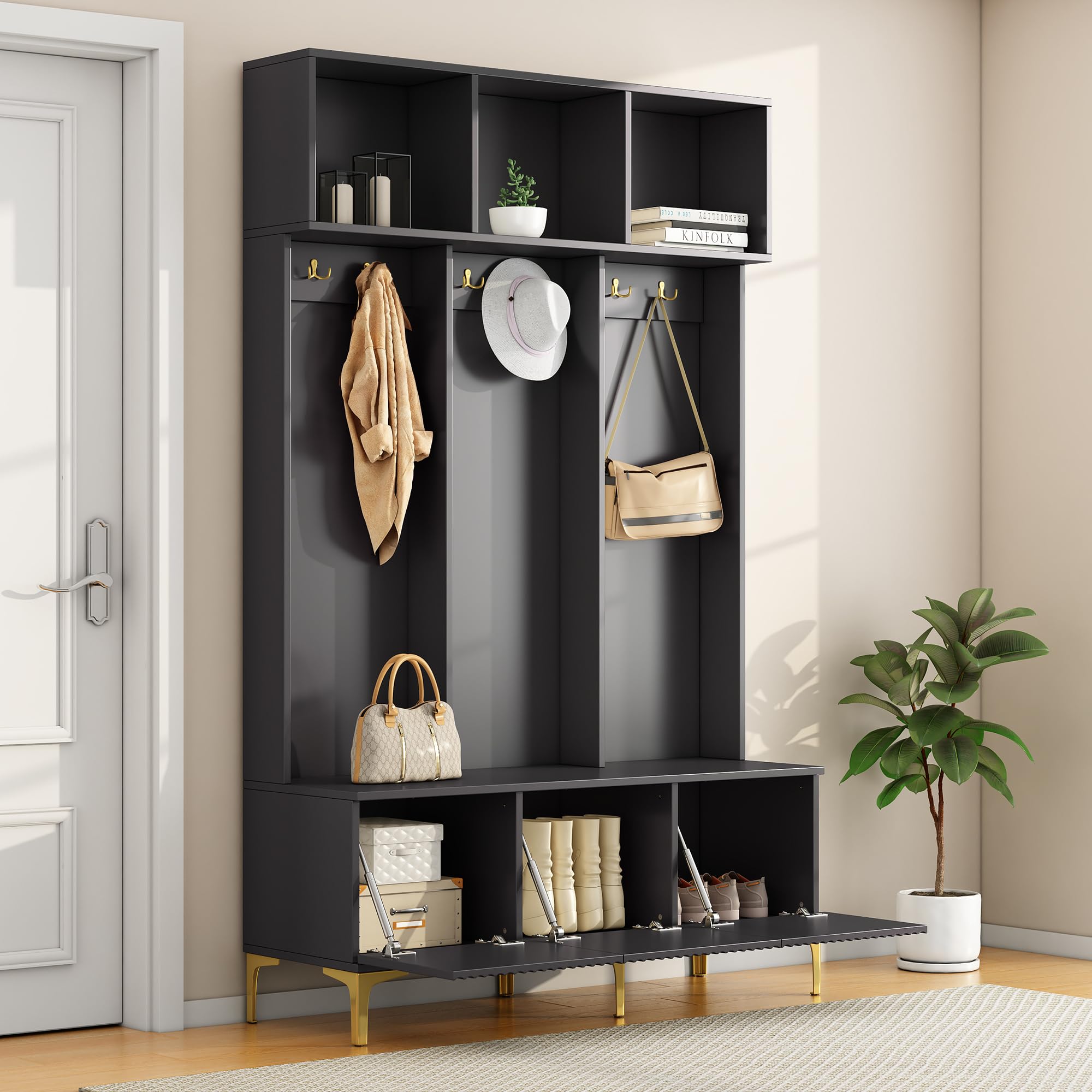 Ymkua Garderobenset Wandgarderobe, Flurgarderobe Set mit offene Aufbewahrung, Garderoben Set mit 6 Goldene Haken und Türen, Kompaktgarderobe, Wandgarderobe, B120/D23.5/H191.5 cm (Schwarz)