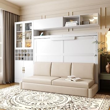 Full Size Murphy Bed, Wall Bed with Sofa, Shelves USB & Light, White