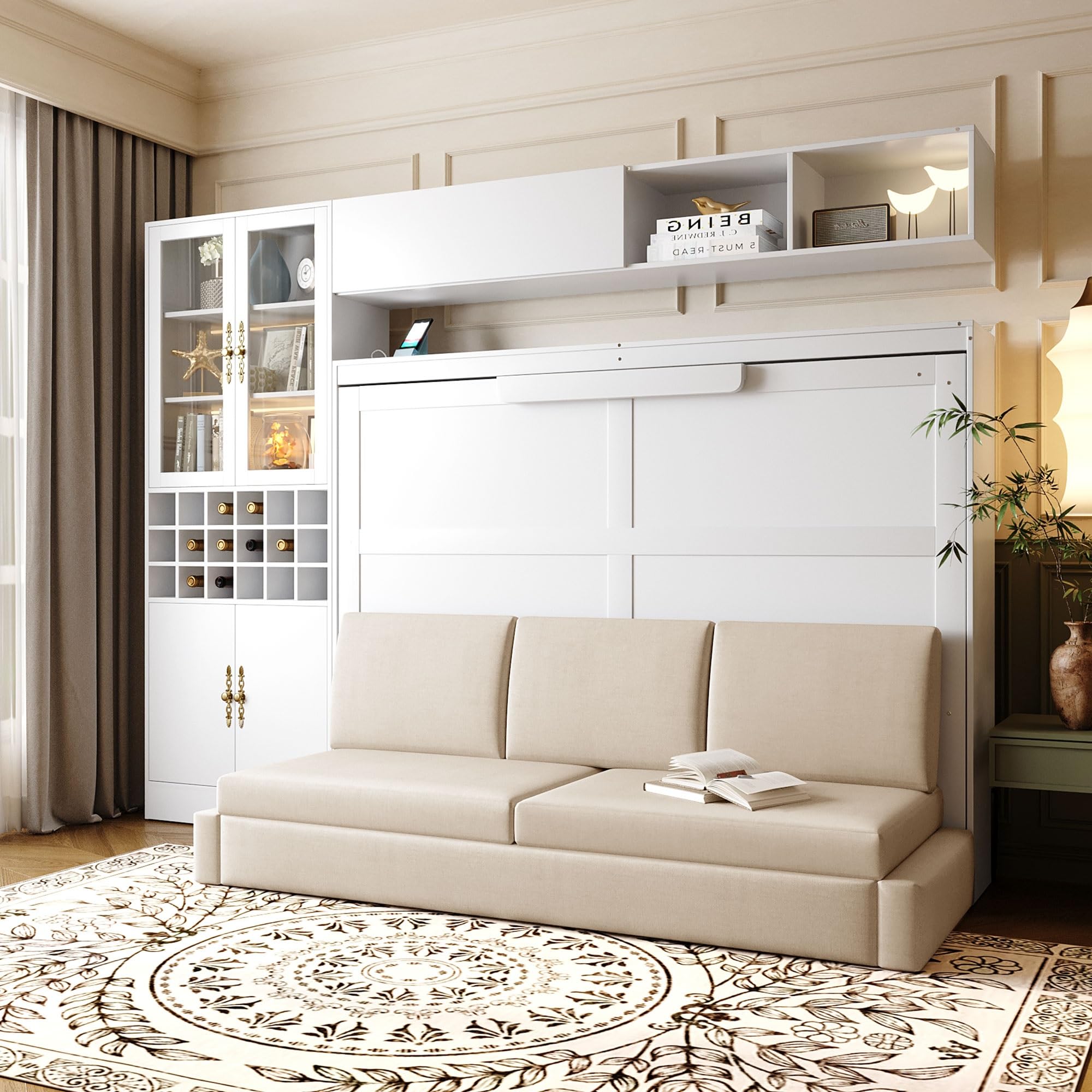 Photo 1 of ***BOX 4/4***Full Murphy Bed with Couch and Storage Shelves,Charging Station& LED Light,Wood Foldable Murphy Wall Bed Cabinet with Sofa and Storage Cabinet,Bookcase,Wine Rack (White,Full)