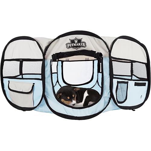 Pet Playpen - 33x15 Pop-Up Dog Kennel with Carry Bag - Portable Play Pen for Dogs, Cats, Rabbits, and Small Animals up to 25lbs by PETMAKER (Blue)