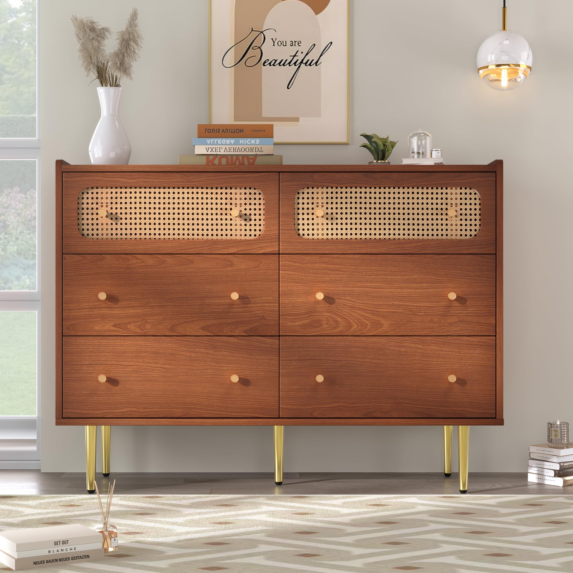 Merax Sideboard Cabinet Cupboard with 6 drawers, rustic Rattan Sideboards for Living Room, Kitchen, and Hallway, Metal Handles, 120 x 40 x 90 cm, Walnut