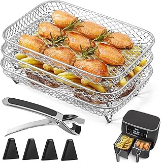 Air Fryer Rack for Ninja Dual Air Fryer Victop 3pcs Layered Dehydrator Rack with Clip and Heighten Feet, Stackable Grilling Rack Multipurpose Cooking Rack Air Fryer Accessories for for Oven Baking (A)