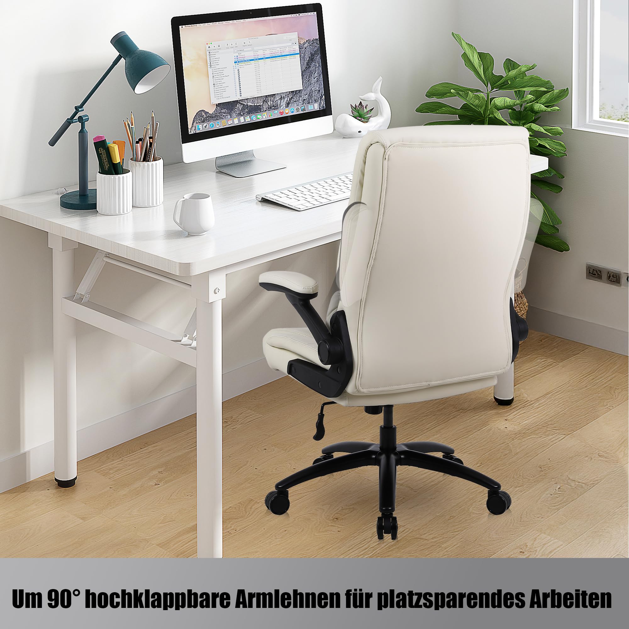 Youhauchair Bürostuhl 200kg für schwere Menschen, Chefsessel aus PU-Leder, Bürostuhl Ergonomisch mit hochklappbarer Armlehne, Schreibtischstuhl Office Chair für Home Office, Beige