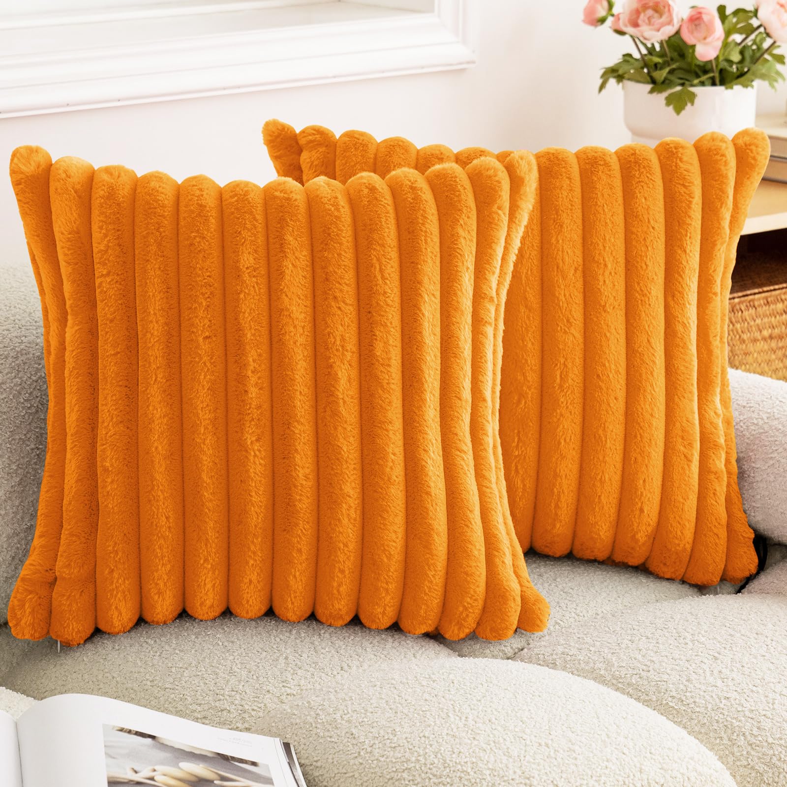 Double-Sided Faux Fur Plush Throw Pillow Covers 18x18 Set of 2 Fuzzy Striped Soft Cozy Pillowcase Luxury Decorative Pillows Square Fluffy Cushion Covers for Couch Sofa Bed,Orange