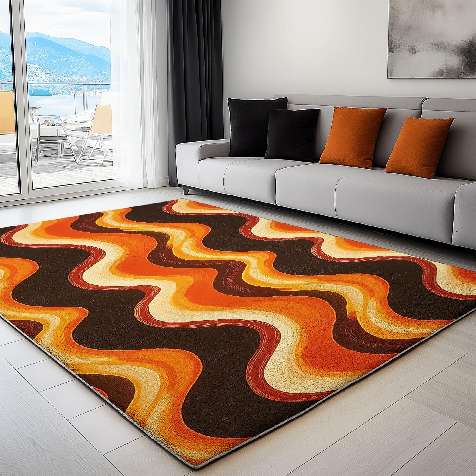 Générique Tapis Salon Vagues Rétro Funky 160 x 230 cm Tapis Chambre Impression 3D Moderne, Couleur Orange Moquette Antidérapant Lavable Machine, pour Salon Salle à Manger Bureau