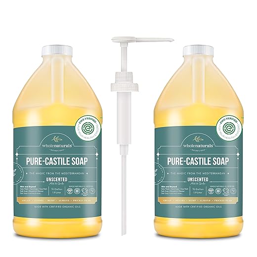 WHOLENATURALS Pure Castile Soap Liquid, EWG Verified & Certified Palm Oil Free Unscented, Natural, Mild & Gentle Non-gmo & Vegan - Organic Body Wash, Laundry, Pet/Dog and Baby Soap -Pack of 2 w/pump