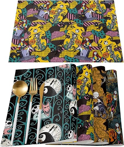 Miniatura 10 de 4 manteles individuales de arpillera de Halloween, tapete de picnic clásico con temática de película de terror, manteles individuales de Pesadilla