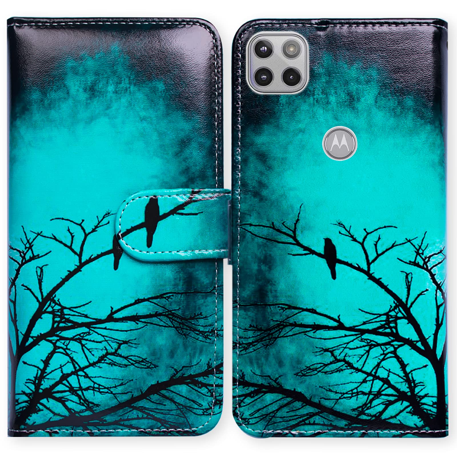 Bcov Motorola One 5G Ace Leather Flip Case, Black Bird Pattern, Wallet Cover with Card Slots, Magnetic Lock & Kickstand