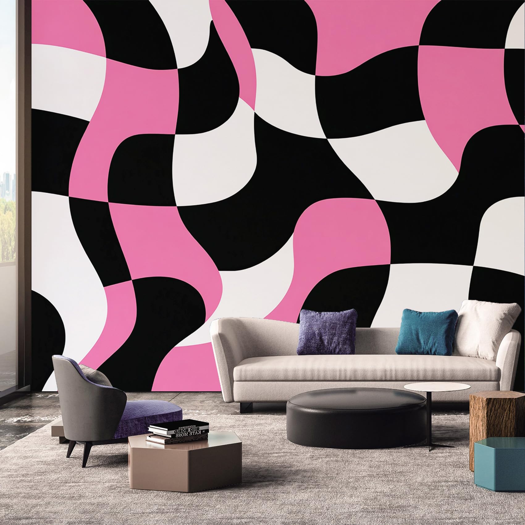 Retro Style Wallpaper, Y2k Checked Illusion Optical Mural Wallpaper, Retro Style Room Decor Wall Art for Living Room Bedroom Kitchen 500L x 350W cm