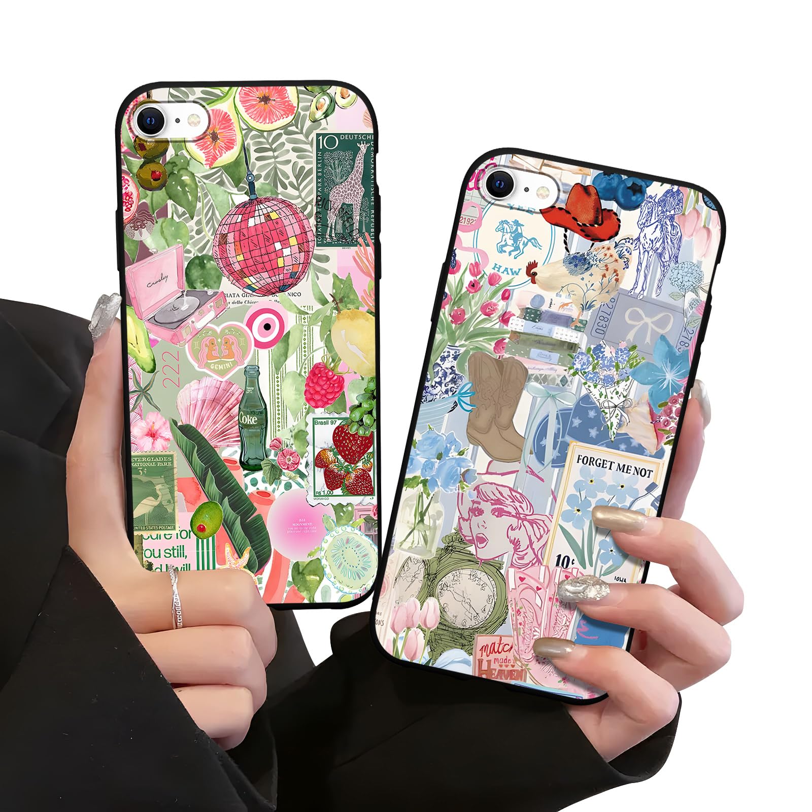 Zrutru 2 Pack Collage Phone Cases for iPhone 6 Plus Vintage Art Cute Plant Pattern Case for Girls Women Boy Men,Summer Case Soft TPU Funda Cover for
