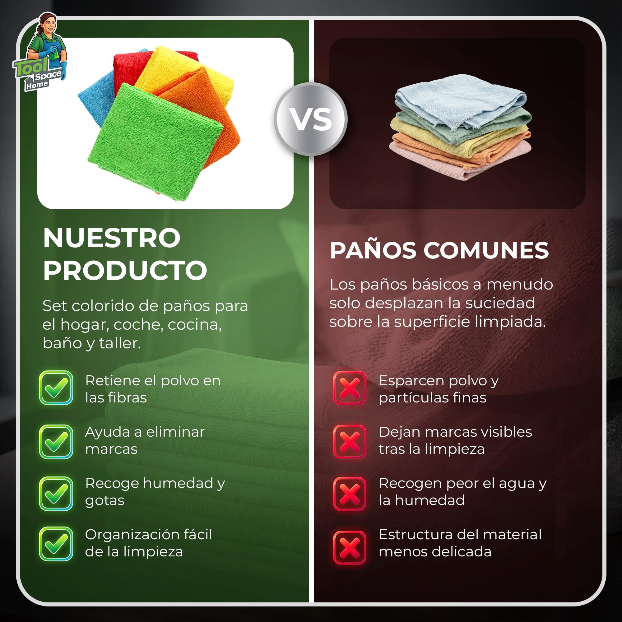 ToolSpace Paños Microfibra Universal 50x60 cm 10 Unidades Grandes para Cocina Baño Coche Cristales Espejos Muebles Suaves Absorbentes Reutilizables Sin Rayas Limpieza Hogar Multiusos