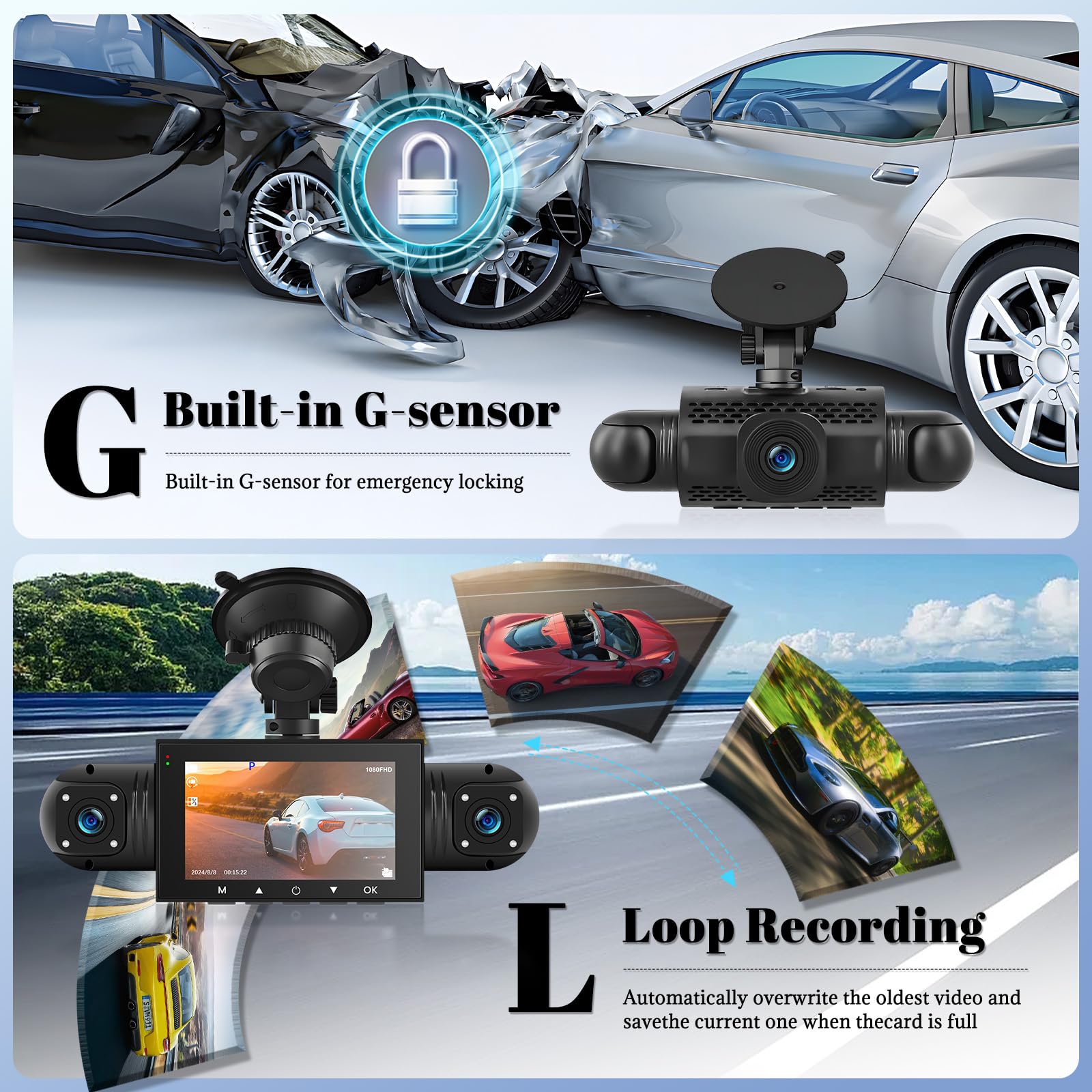 360 Degree View 4 Channel Dash Cam for Cars,Dash Cam Car Camera Front and Rear Inside Left Right for Cars,3 inch Dashcams with IR Night Vision,Loop Recording,G-Sensor