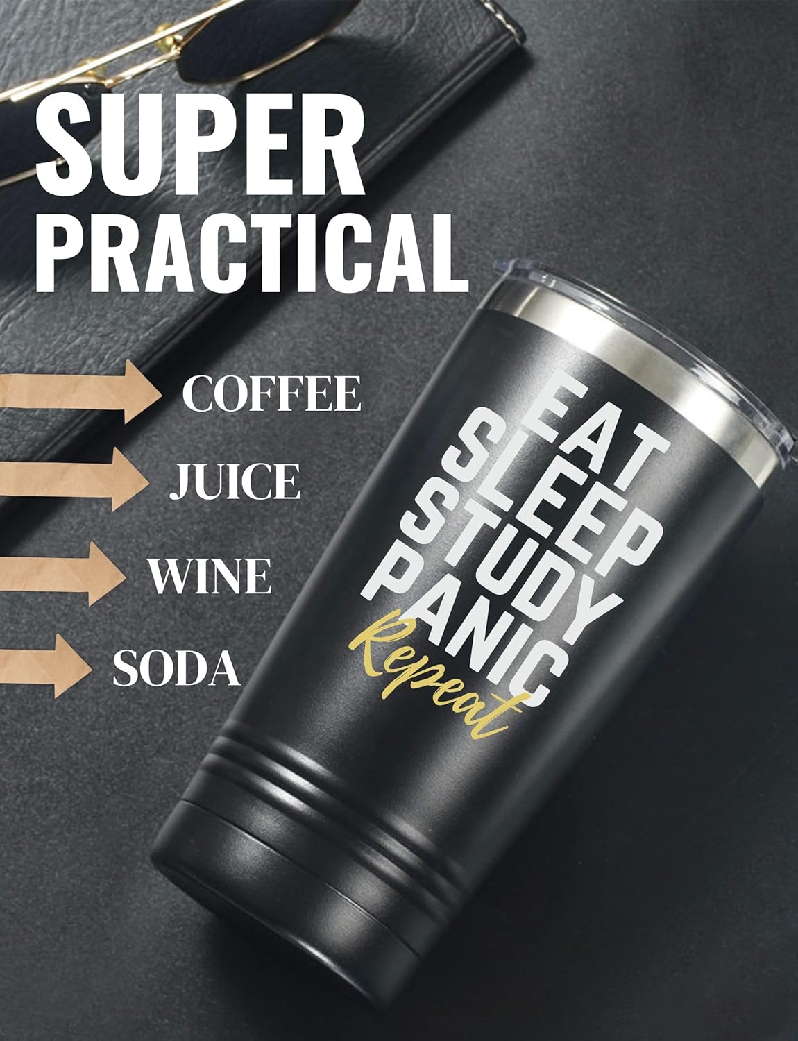 Onebttl College Student Gifts Tumbler for Men Women, School Student Gifts 20oz Stainless Steel Cup, Best gift for Christmas, Birthday - Black Sleep Repeat - Image 2